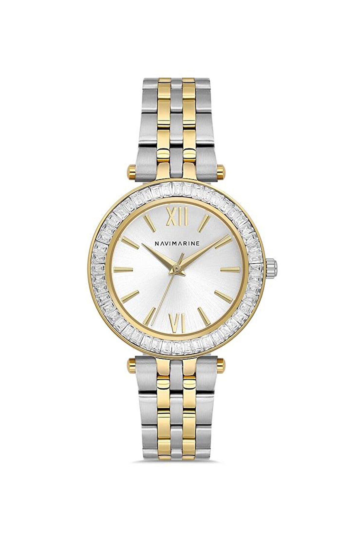 Navimarine NVM132-D1 Baget Taşlı Altın Sarı Gümüş Renk Çelik Kadın Kol Saati