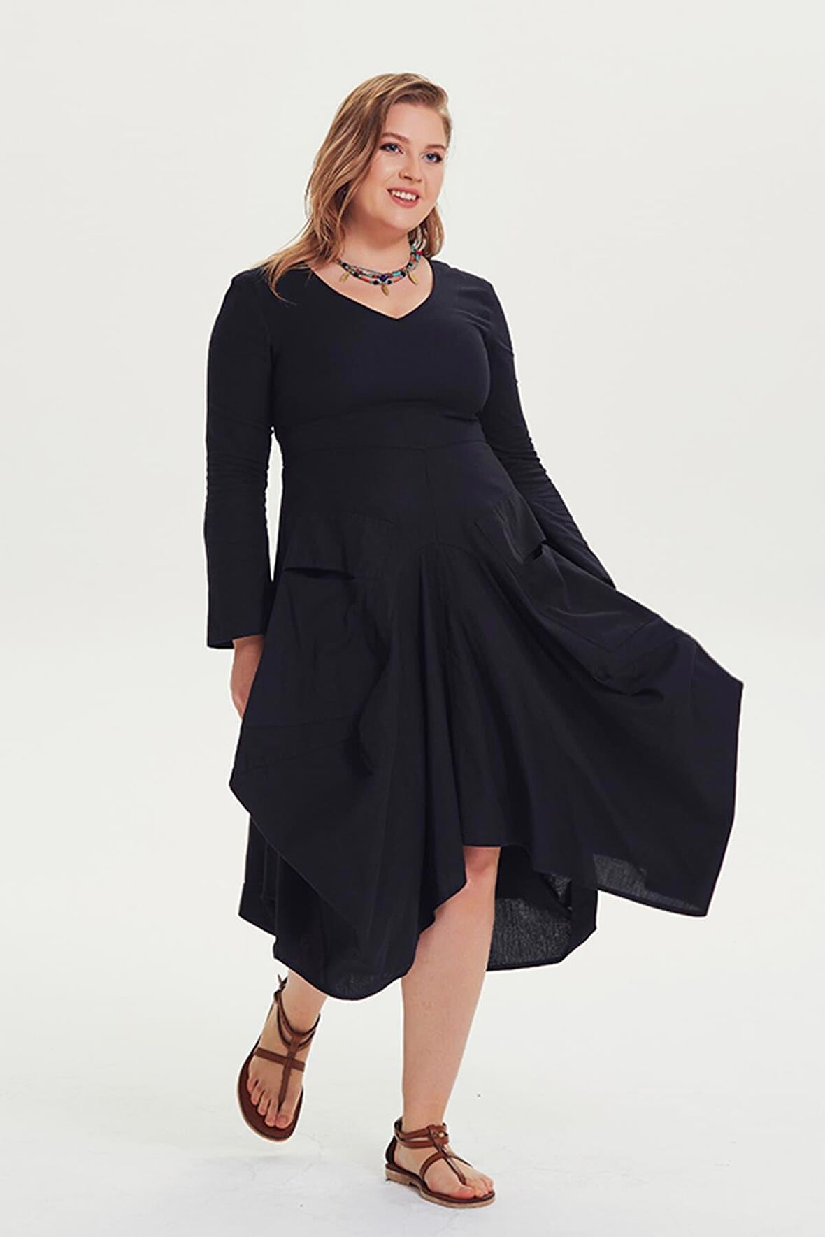 V Yaka Cepli Uzun Kollu Büyük Beden Elbise