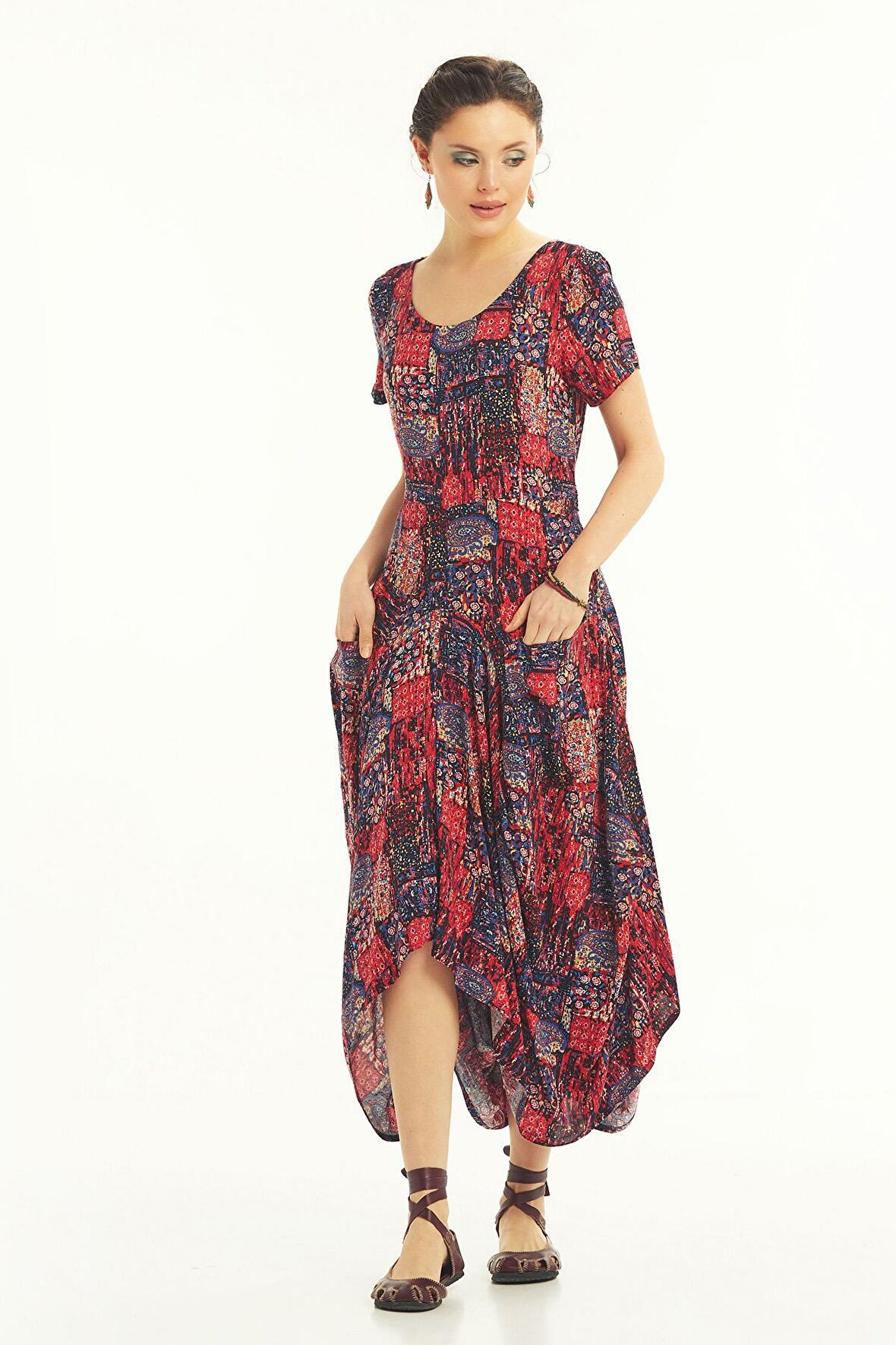 Bohem Tarz Cepli Yarım Kollu Uzun Elbise