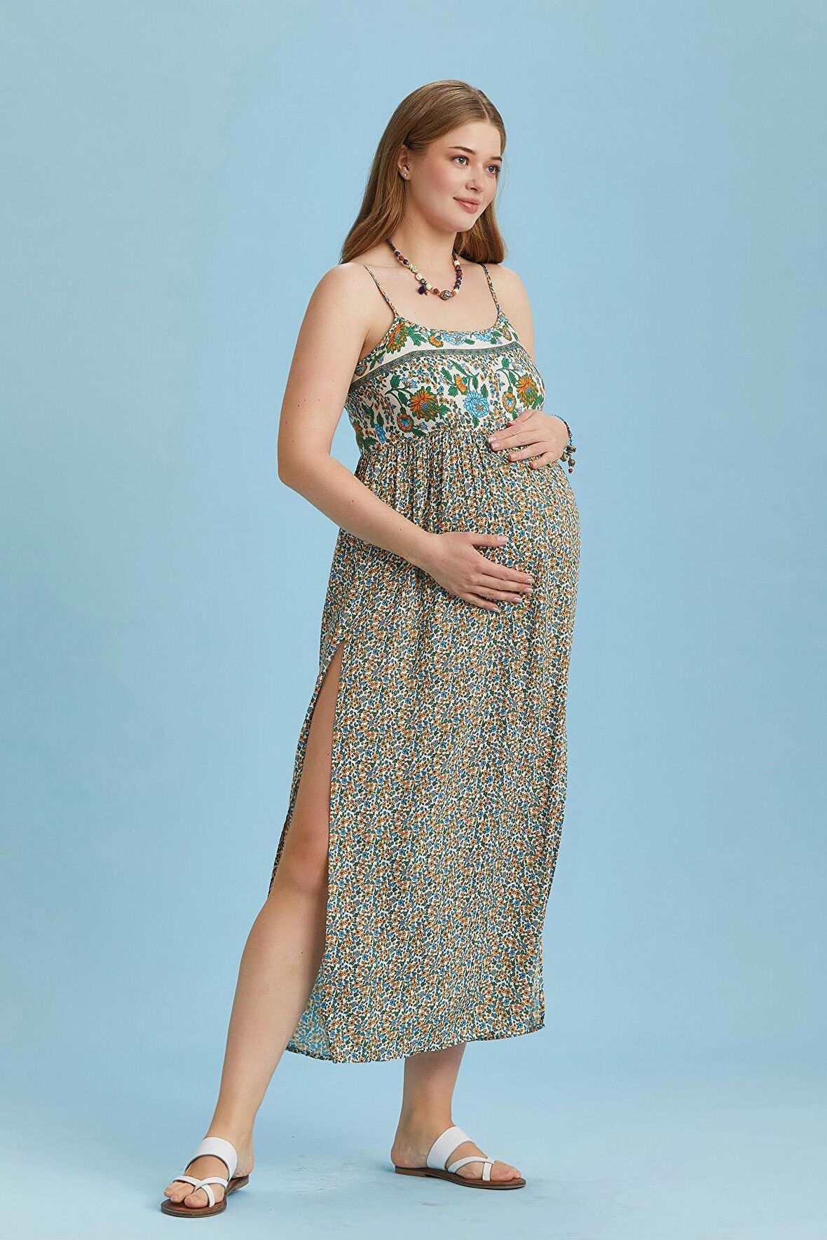 Askılı Yırtmaçlı Çiçekli Robadan Hamile Elbise