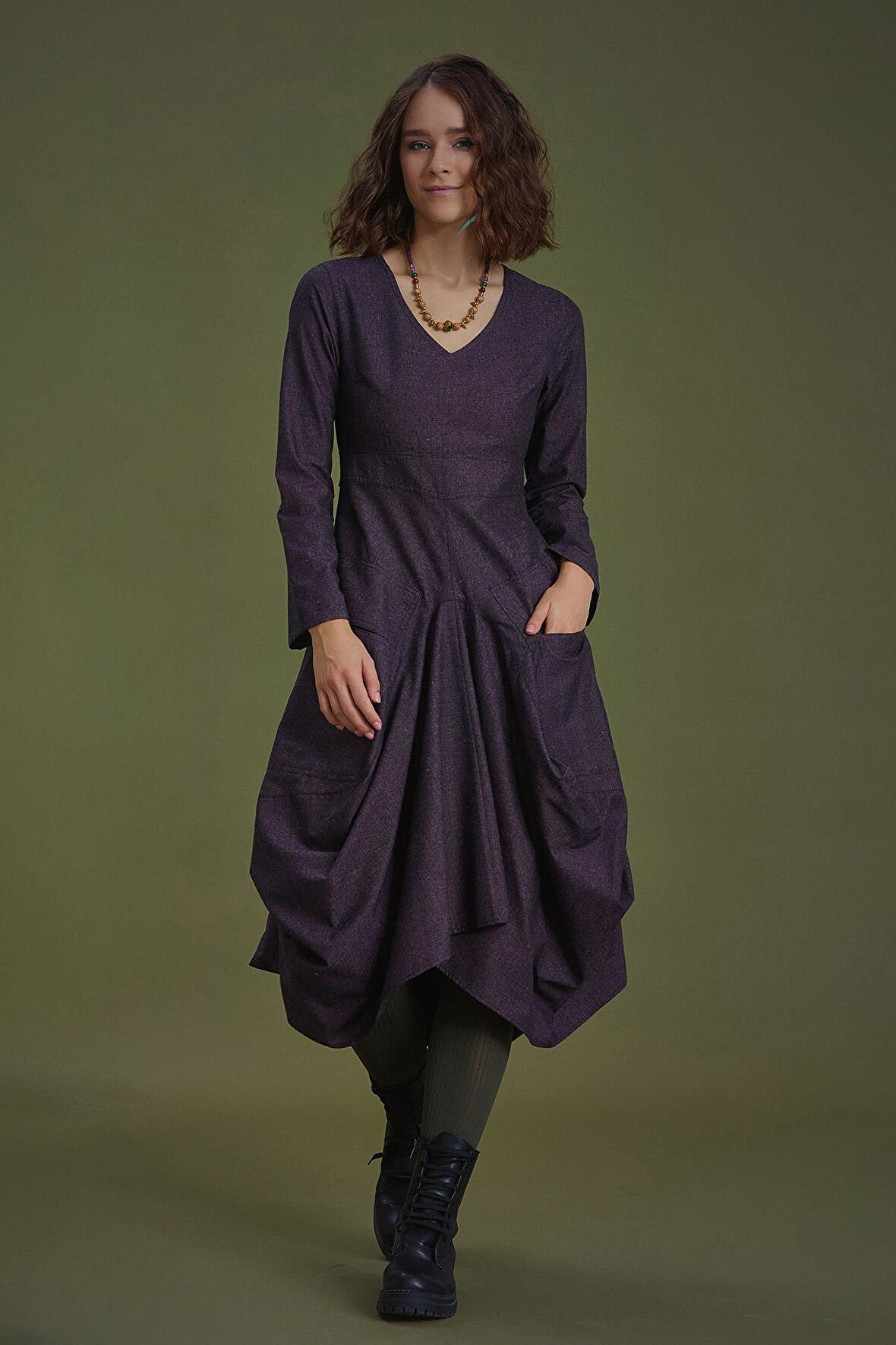 Derin V Yaka Uzun Kollu Balon Lila Elbise