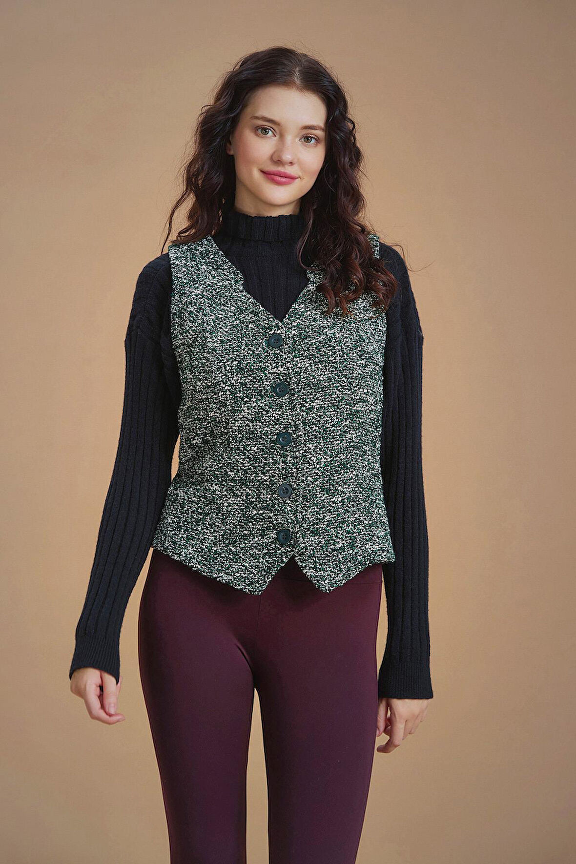 Bohem Tarz Kadın Yeşil Desenli Yelek