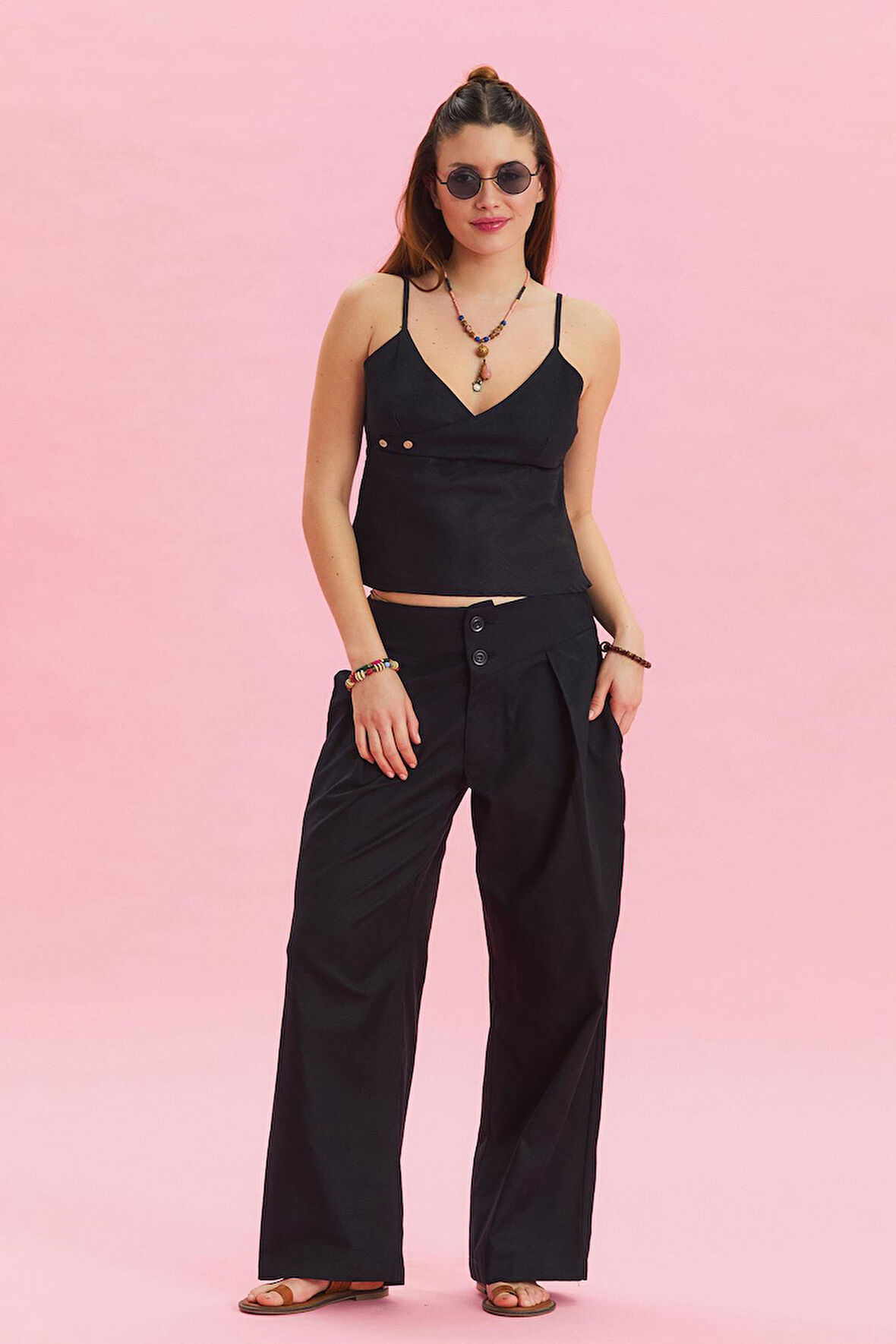 Pileli Verev Kesim Düğmeli Bohem Pantolon