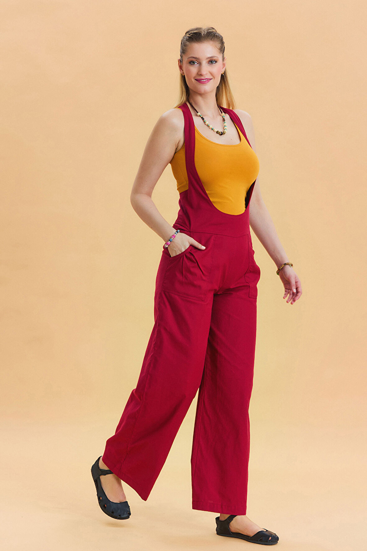 Fermuar Detaylı Cepli Kadın Bohem Tulum