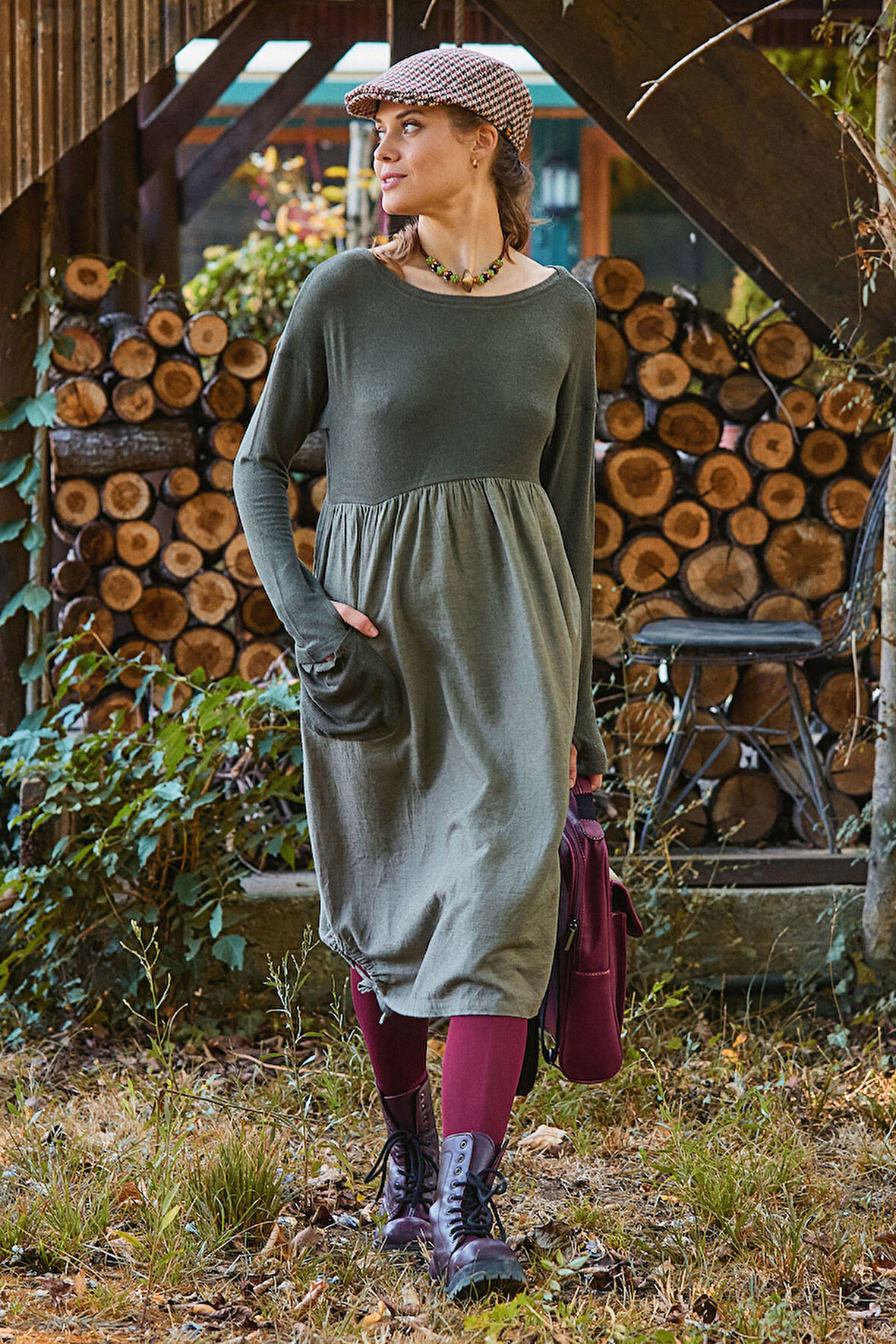 Bisiklet Yaka Cepli Parmak Geçmeli Kışlık Elbise