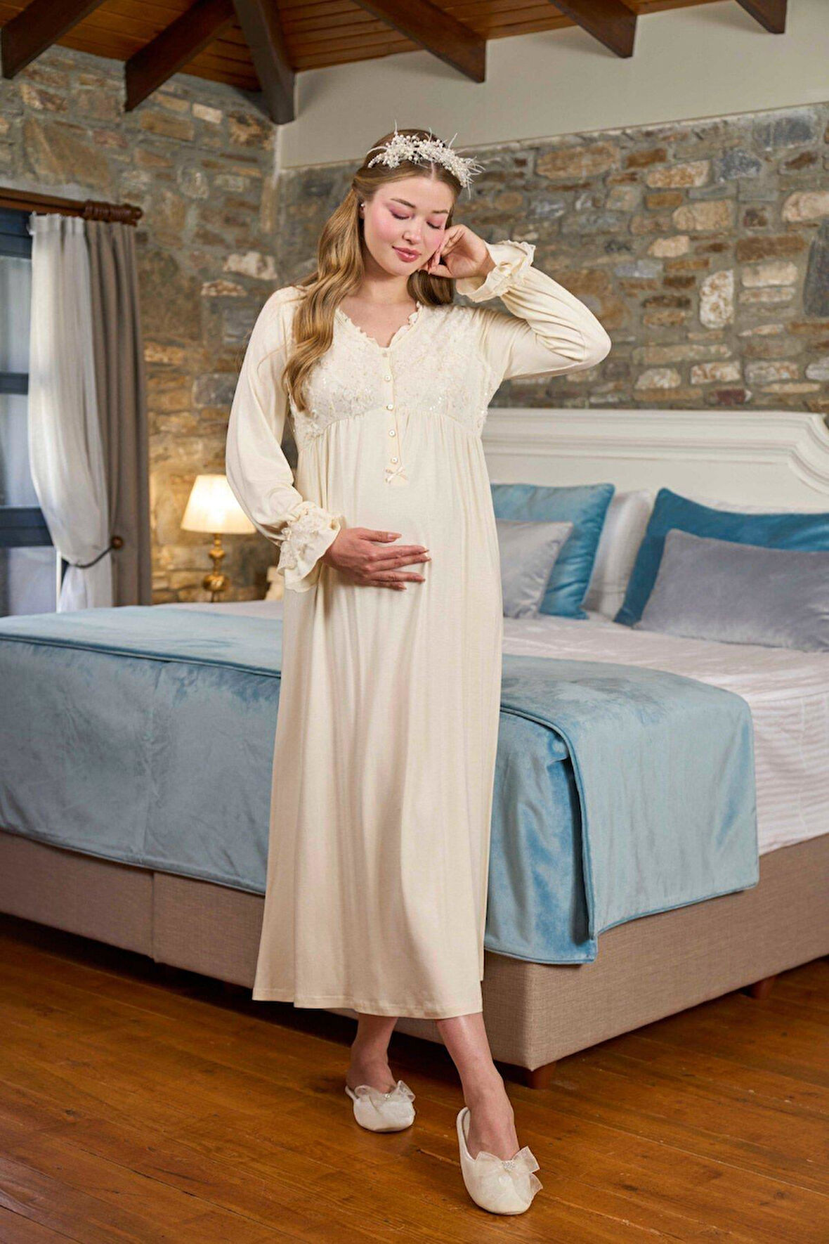 Cossy By Aqua Kadın Krem Lohusa Gecelik 26326 