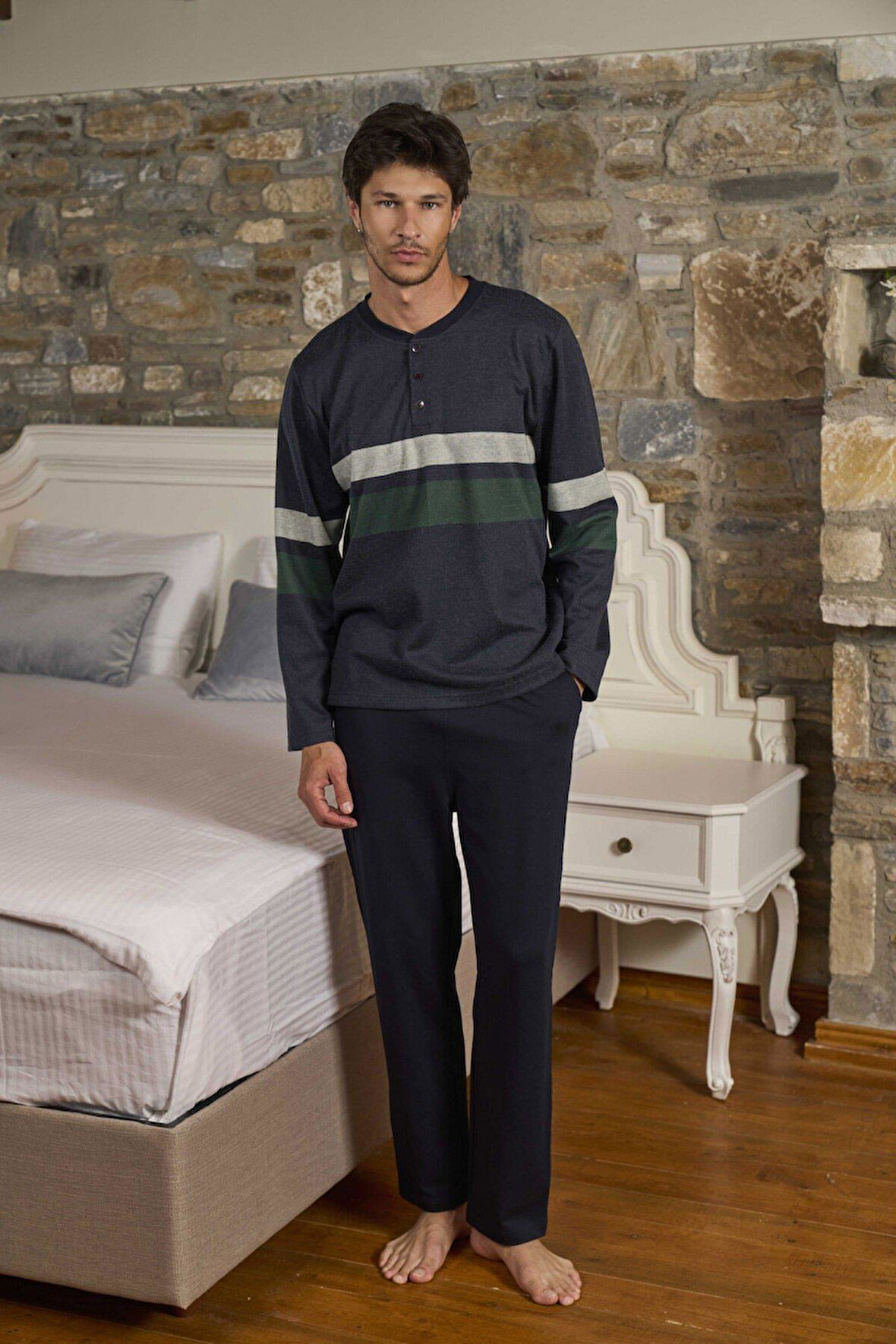 Cossy By Aqua Erkek İndigo Uzun Kollu Pijama Takımı 26402 