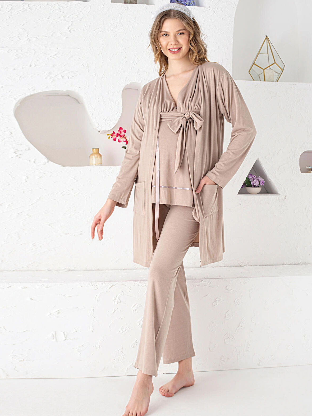 Kadın Hamile Kruvaze Yaka Kuşak ve Cep Detaylı 3 Lü Pijama Takımı