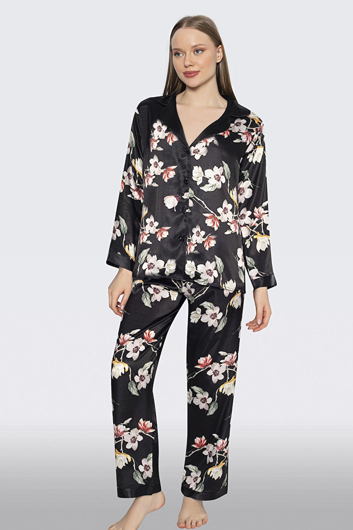 Saten Uzun Kollu Çiçekli Baskı Gömlek Düğmeli 2 Li Pijama Takım
