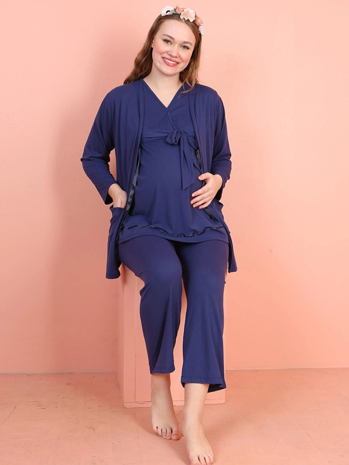 Kadın Hamile Kruvaze Yaka Kuşak ve Cep Detaylı 3 lü Pijama Takımı