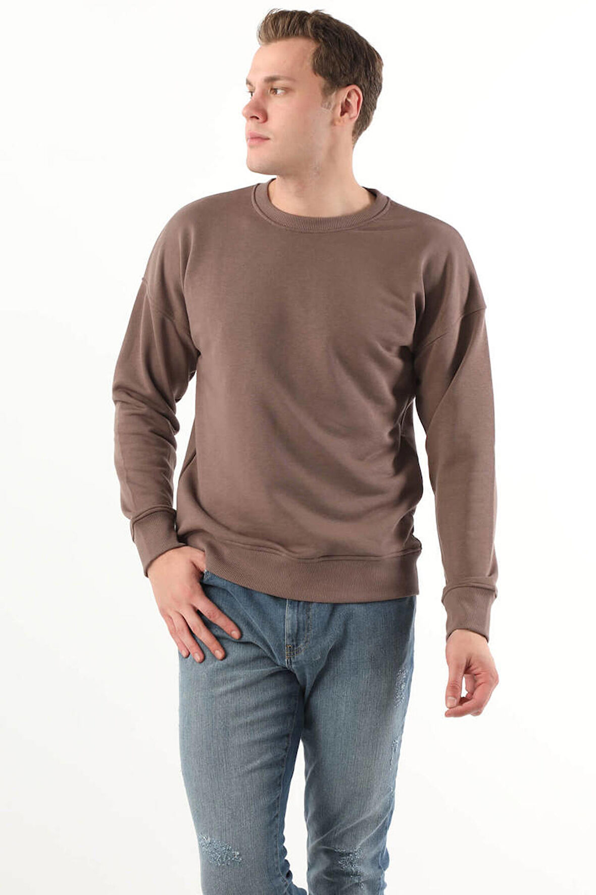 Erkek Bisiklet Yaka Oversize Sweatshirt Kahverengi