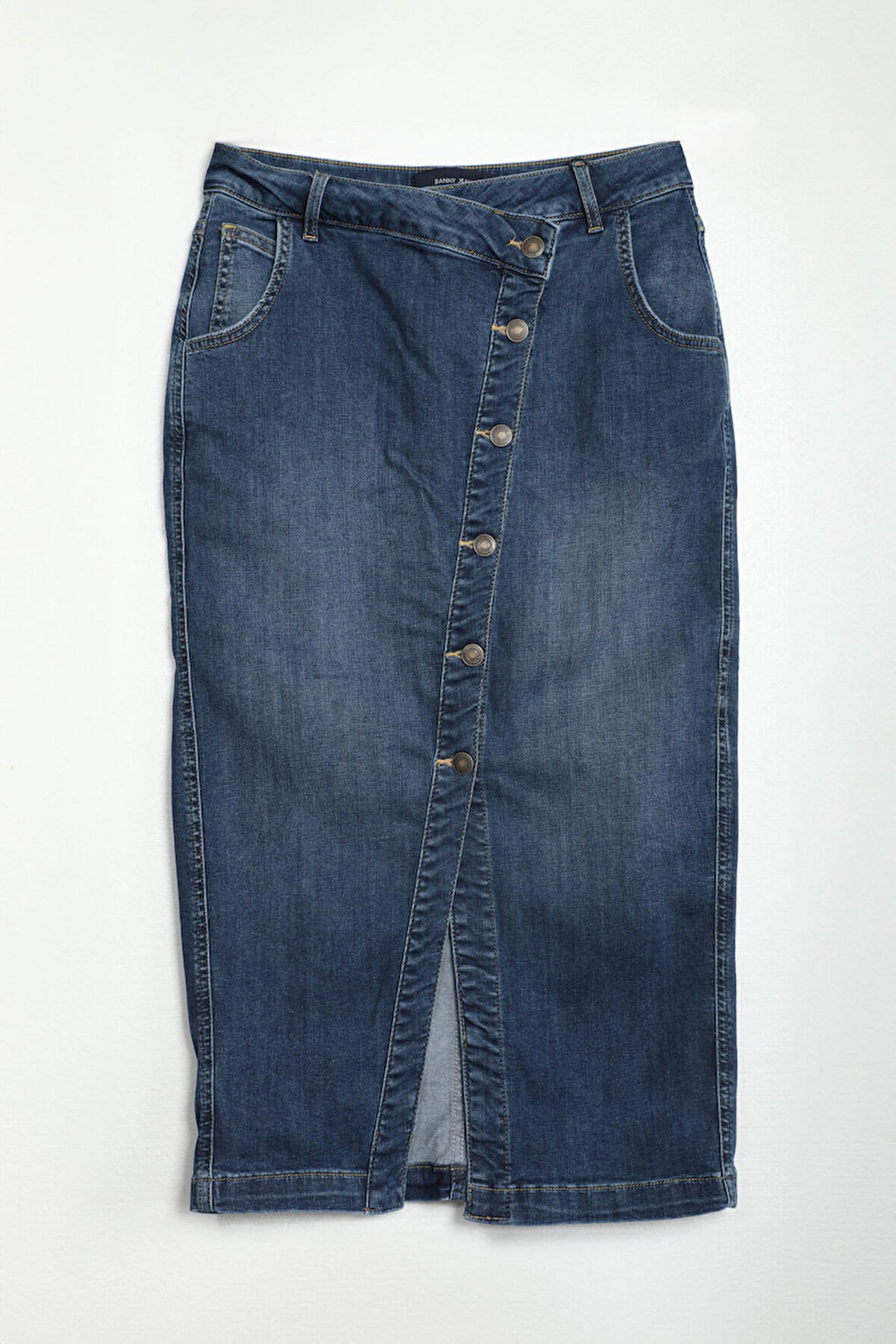 Önü Yan Düğmeli Midi Boy Likralı Lacivert Jean Etek