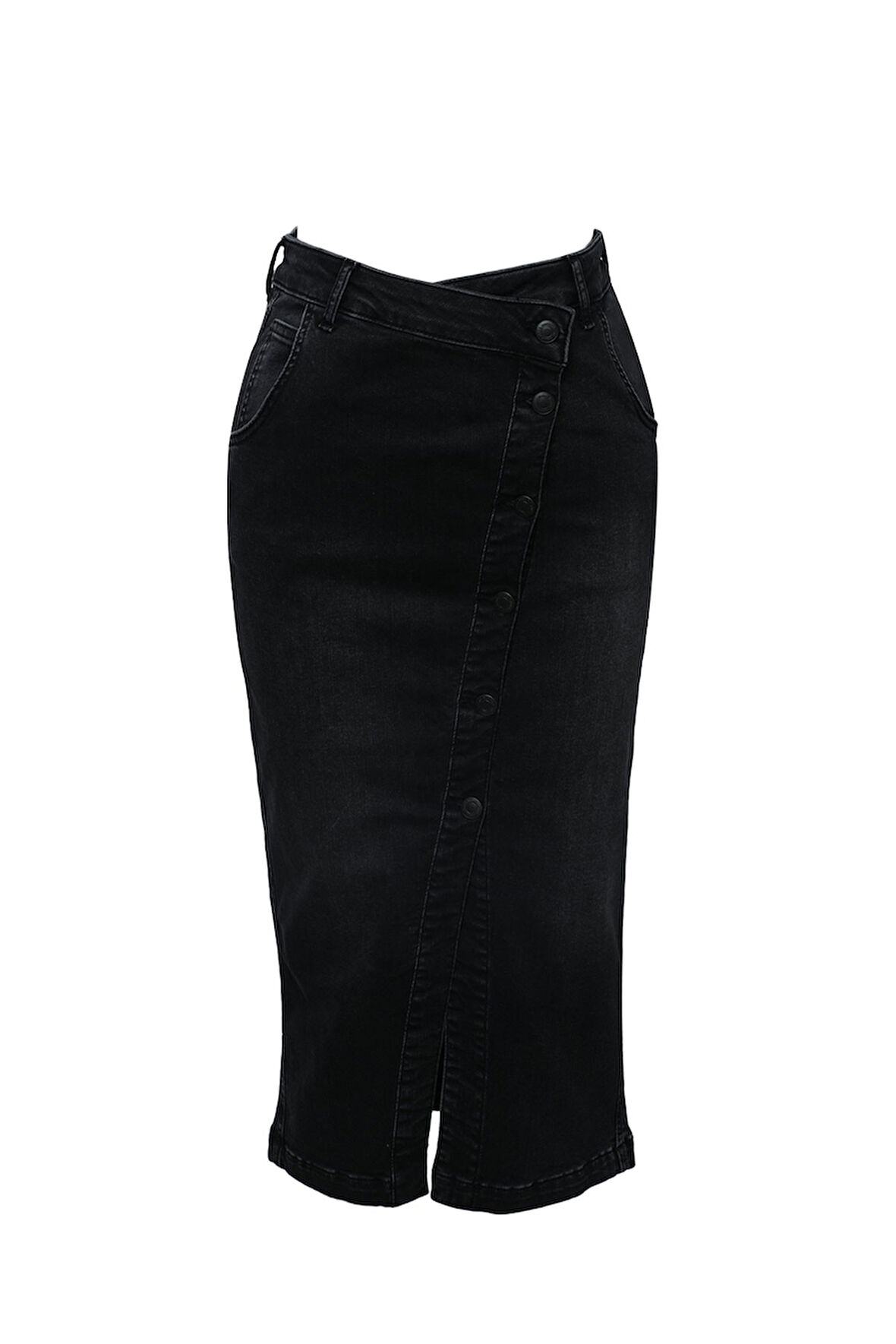 Önü Yan Düğmeli Midi Boy Likralı Siyah Jean Etek