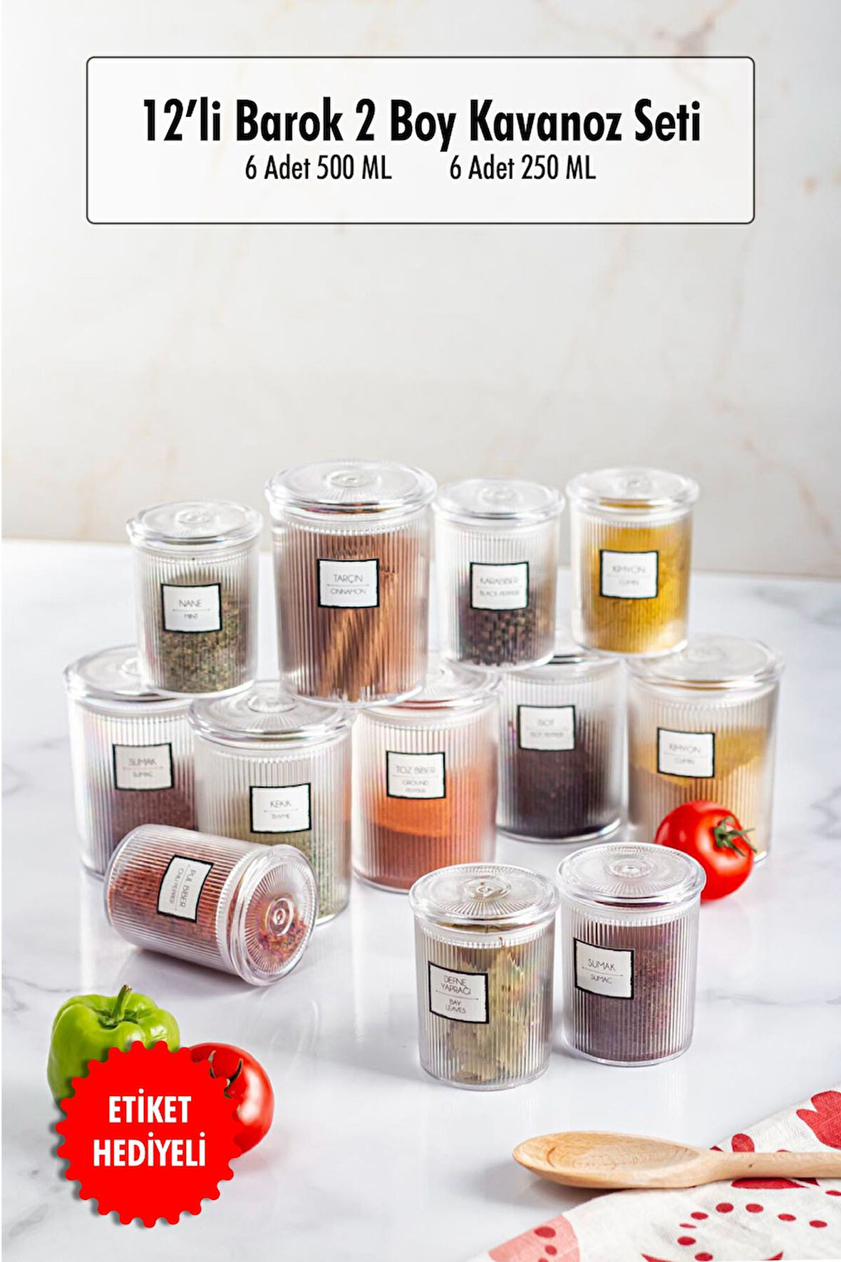 12li Barok Yuvarlak 2 Boy Kavanoz Seti & Saklama Kabı & Erzak Kabı 6*500 ML,6*250 ML)