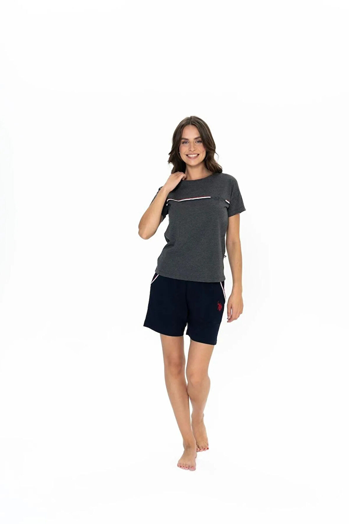 U.S. Polo Assn. Kadın Yuvarlak Yaka Alt Üst Çizgi Detay Pijama Şort Takım