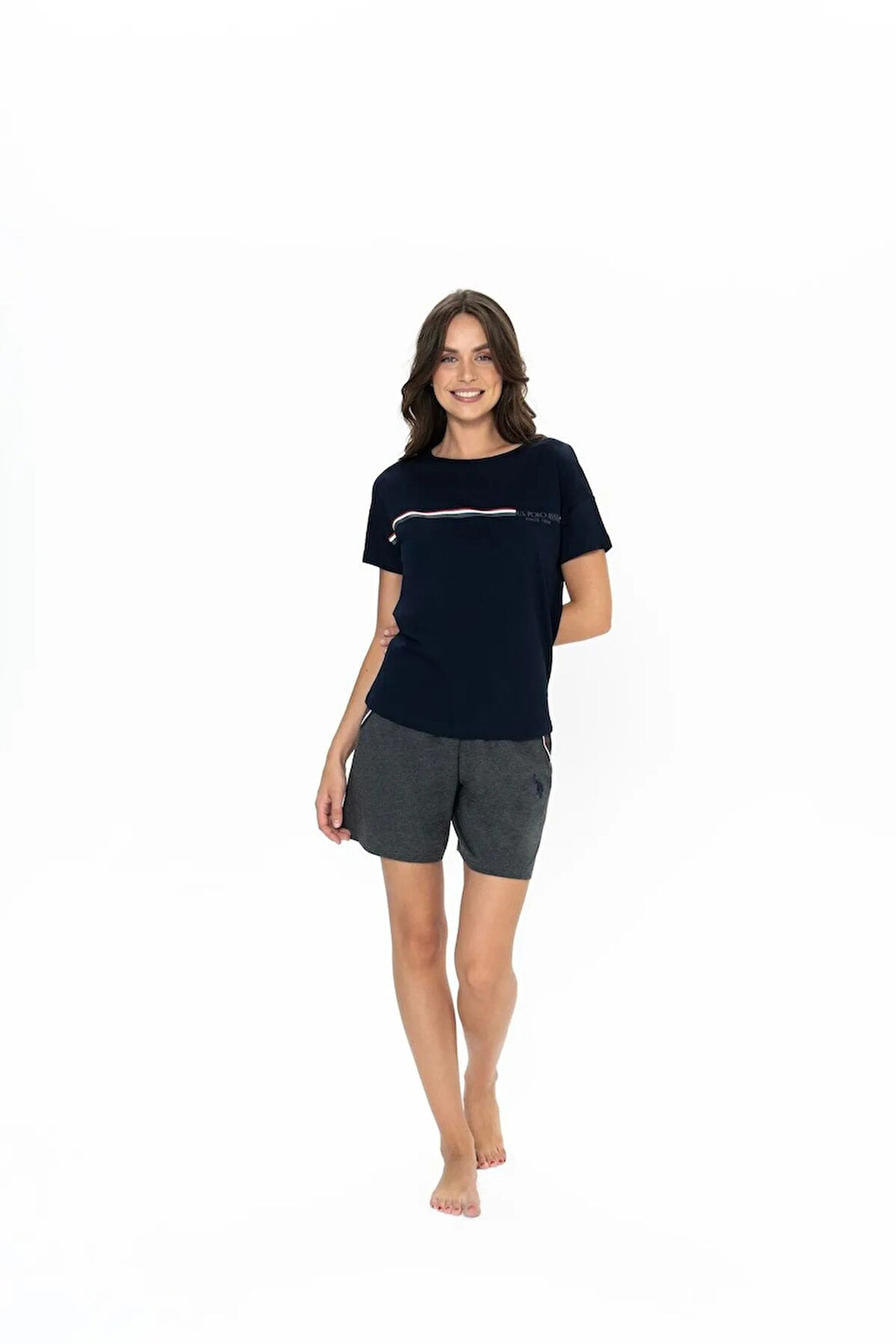 U.S. Polo Assn. Kadın Yuvarlak Yaka Alt Üst Çizgi Detay Pijama Şort Takım