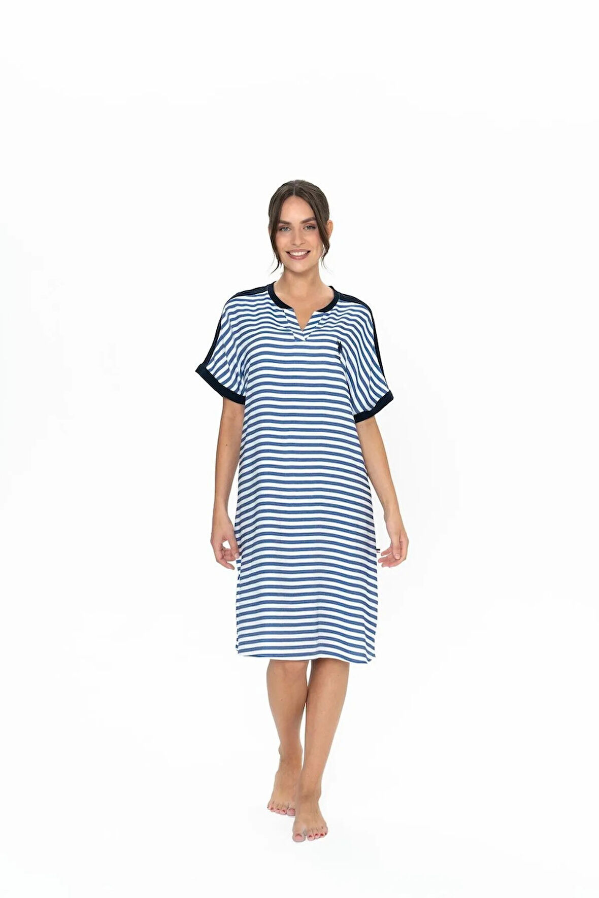 U.S. Polo Assn. Kadın Çizgili Kısa Kollu Lacivert Gecelik