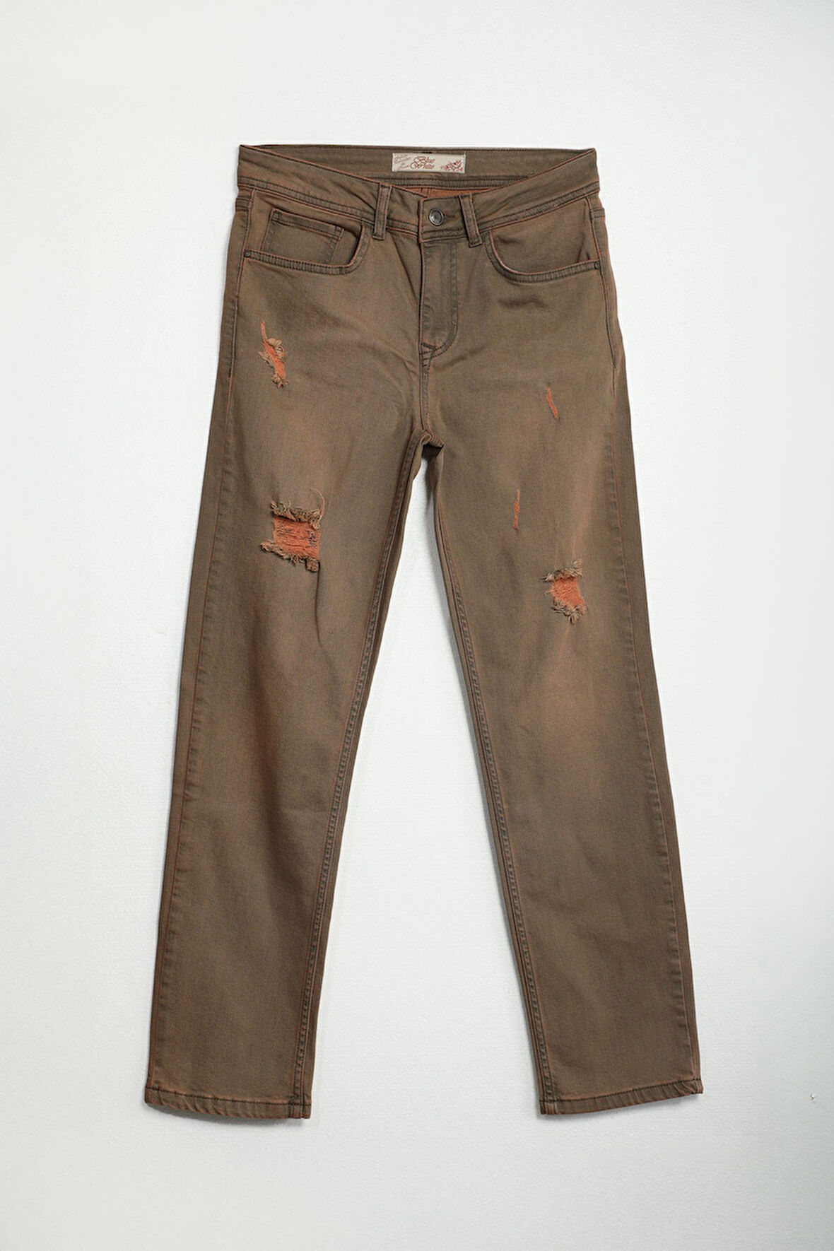 Kadın Yırtık Deyaylı Likralı Jean Pantolon Kahverengi