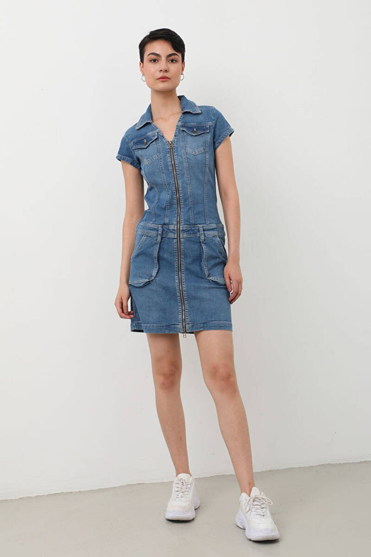 Fermuarlı Cepli Kadın Jean Elbise