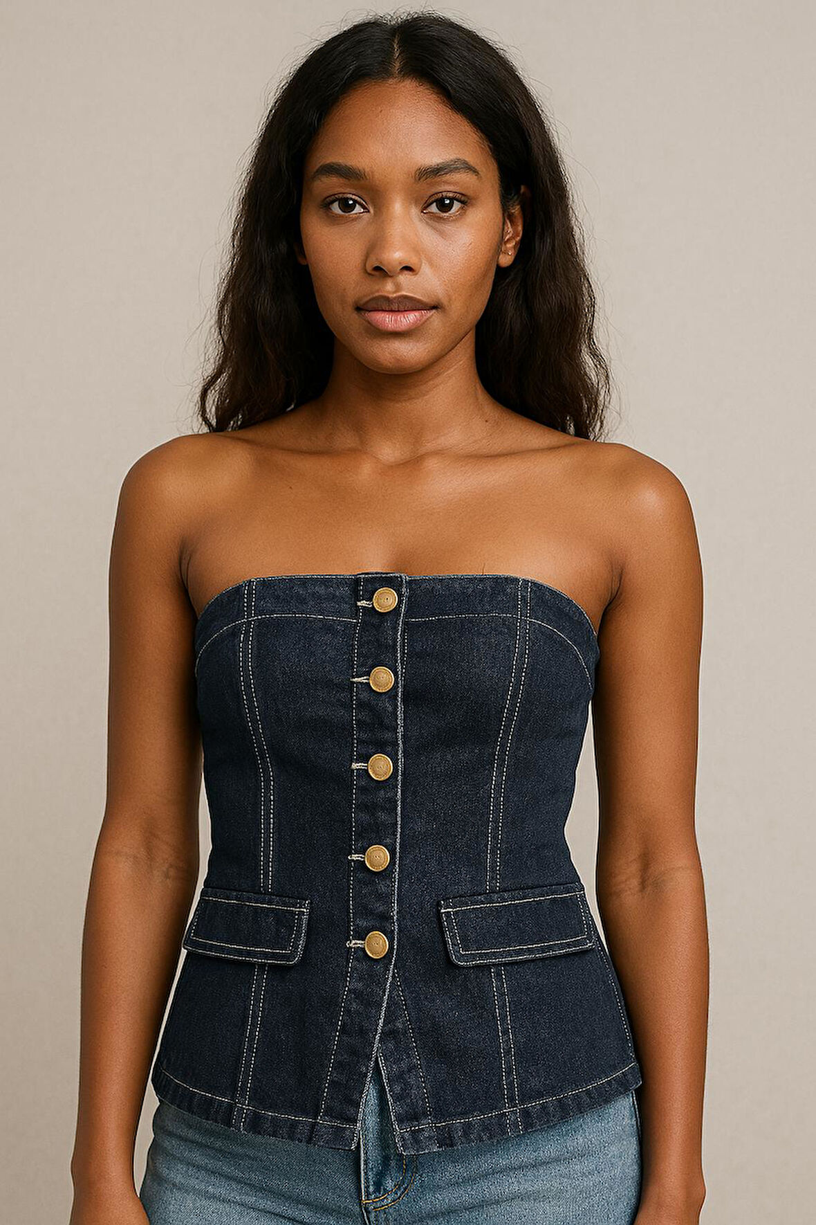 Blue White Kadın Denim Büstiyer