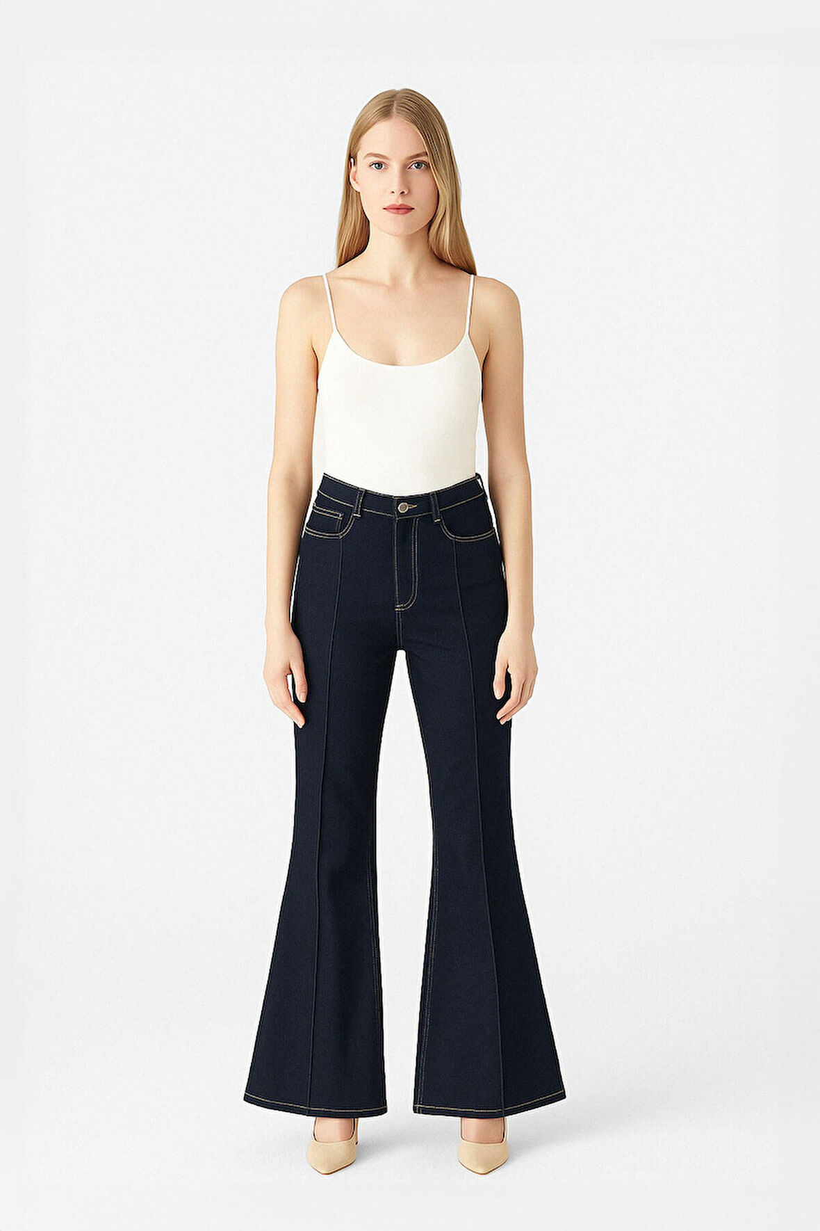 Kadın Likralı İspanyol Flare Paça Yüksek Bel Lacivert Jean Pantolon