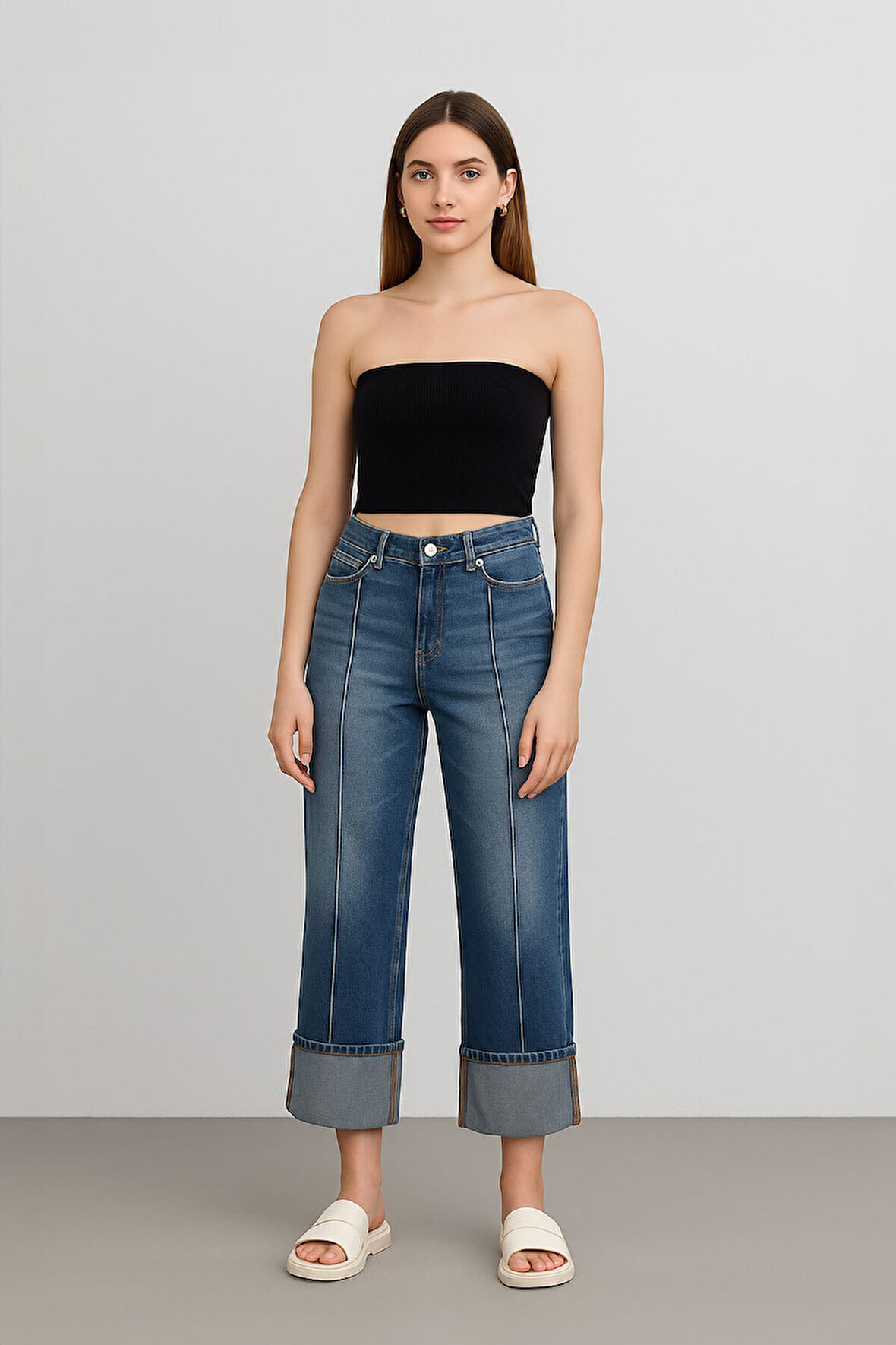 Kadın Yüksek Bel Paçası Katlı Relaxed Fit Mavi Jean Pantolon