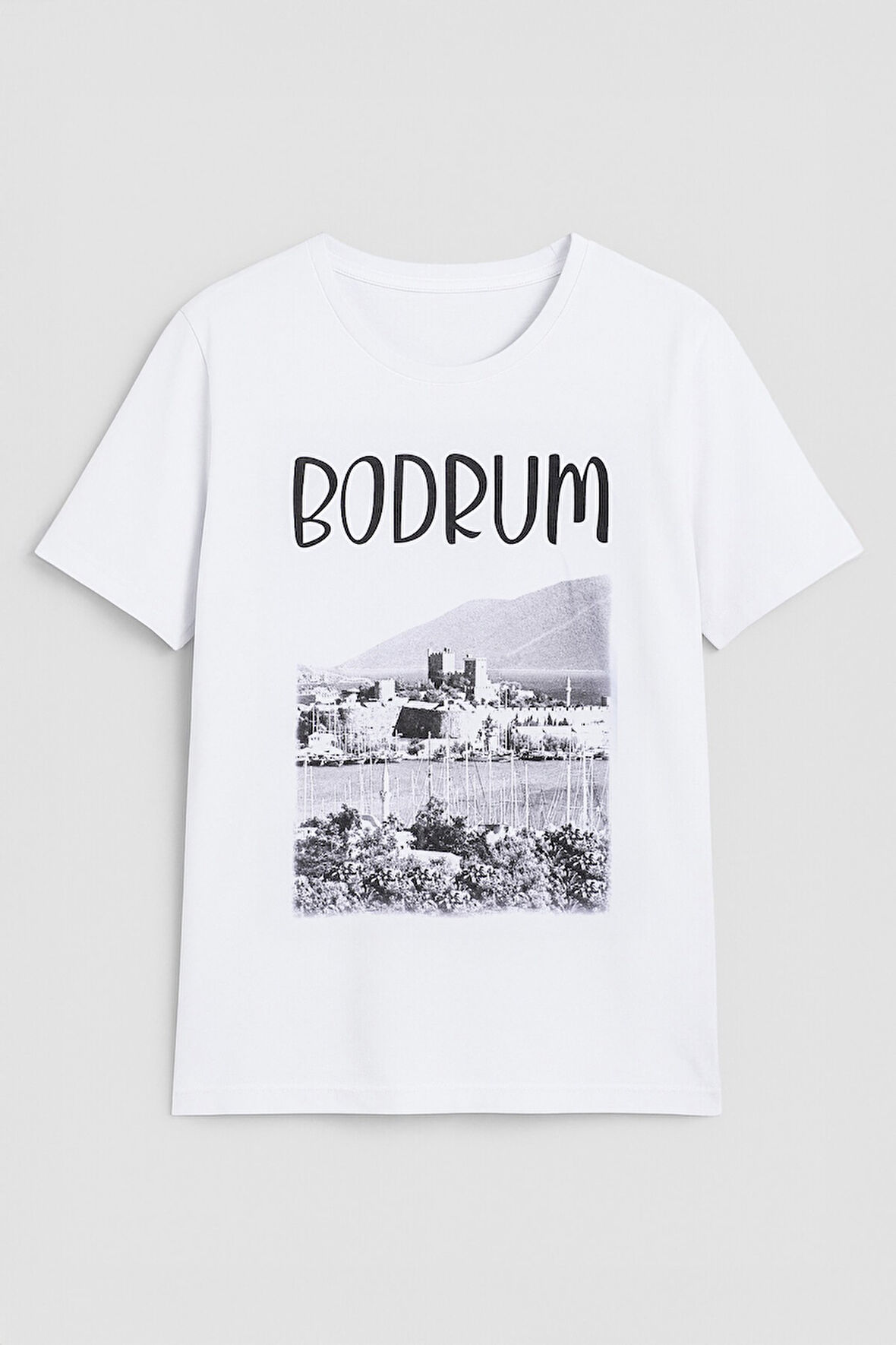 Kadın Bisiklet Yaka %100 Pamuk Bodrum Baskılı Kısa Kollu T-Shirt