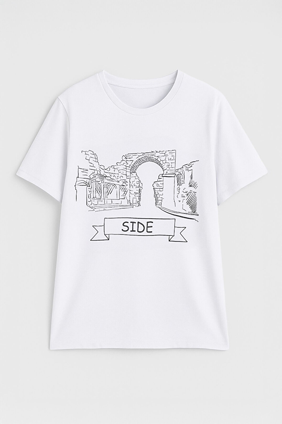 Kadın Bisiklet Yaka %100 Pamuk Side Baskılı Kısa Kollu T-Shirt