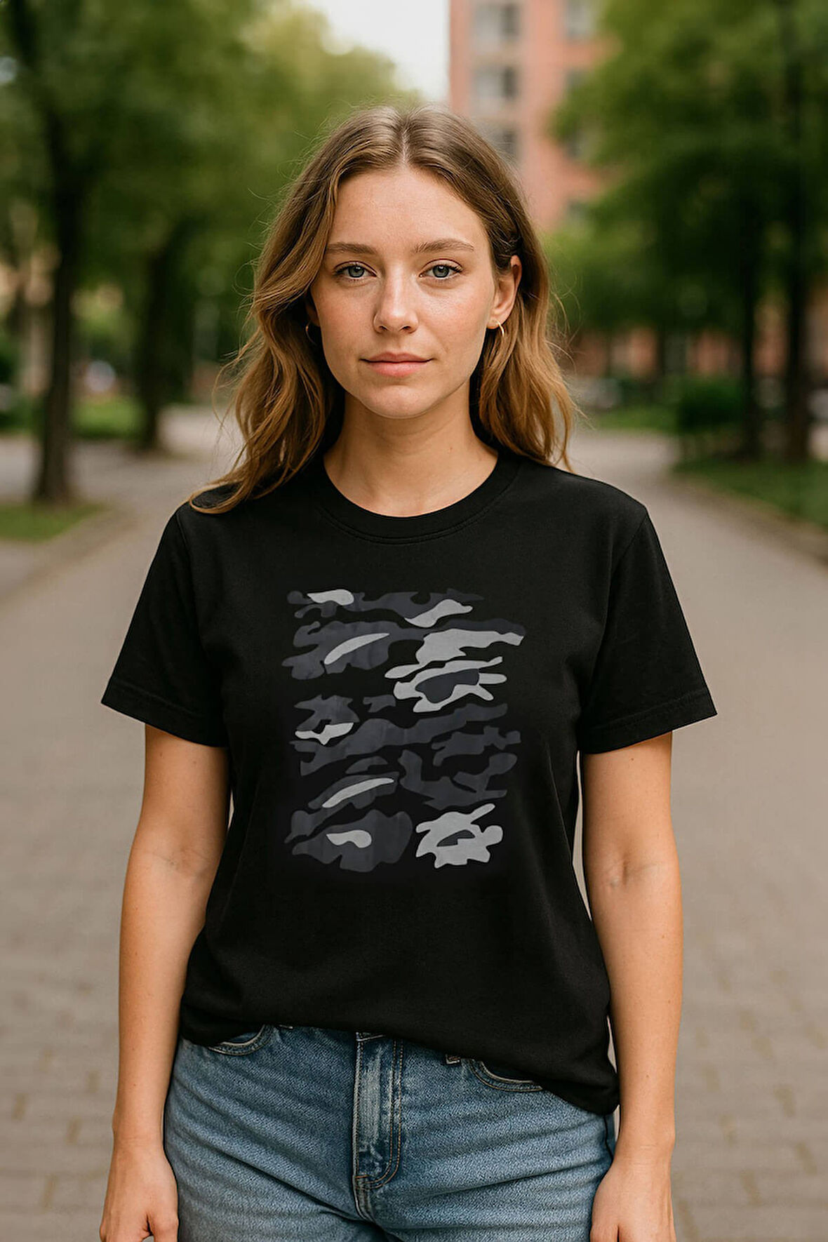 Kadın Bisiklet Yaka %100 Pamuk Baskılı Siyah T-shirt