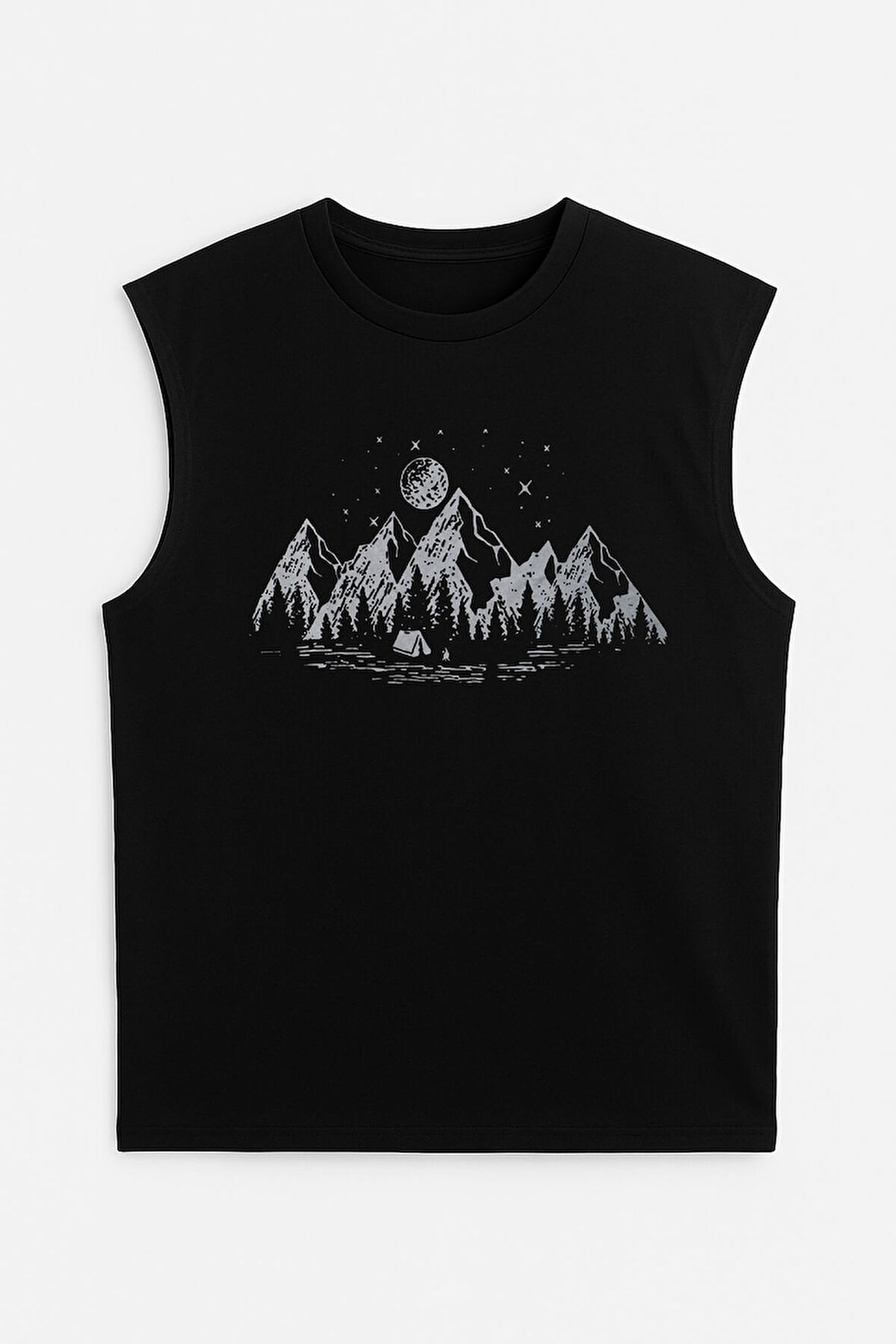 Erkek Bisiklet Yaka Baskılı Siyah Kolsuz T-shirt