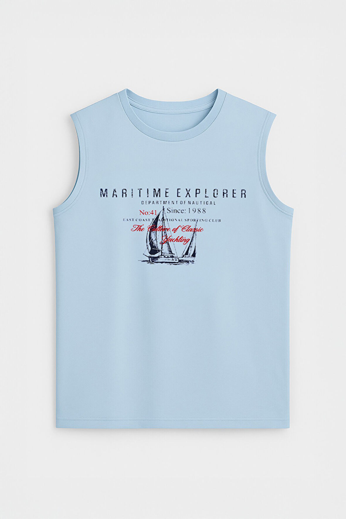 Erkek Bisiklet Yaka Baskılı Açık Mavi Kolsuz T-shirt