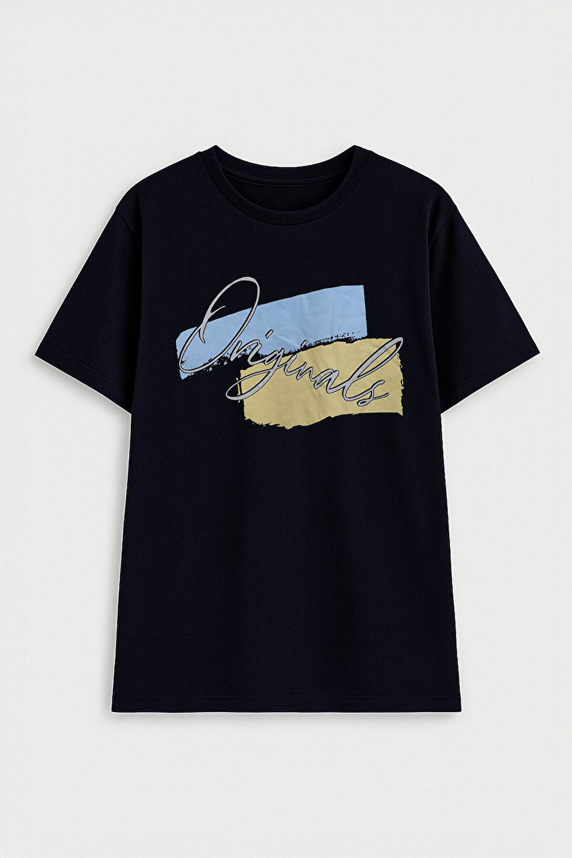 Erkek %100 Pamuk Bisiklet Yaka Baskılı Lacivert  T-shirt