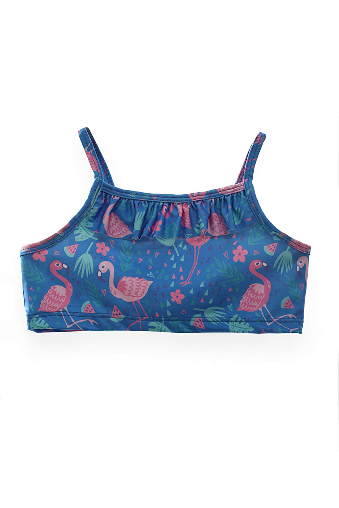 Kız Çocuk Flamingo Desenli Mavi Fırfırlı Havuz Plaj Bikini Takımı