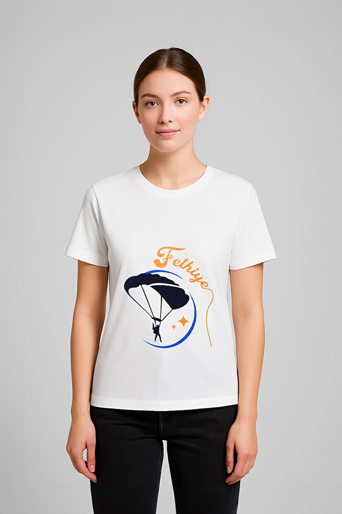 Kadın Bisiklet Yaka %100 Pamuk Fethiye Baskılı Kısa Kollu T-Shirt