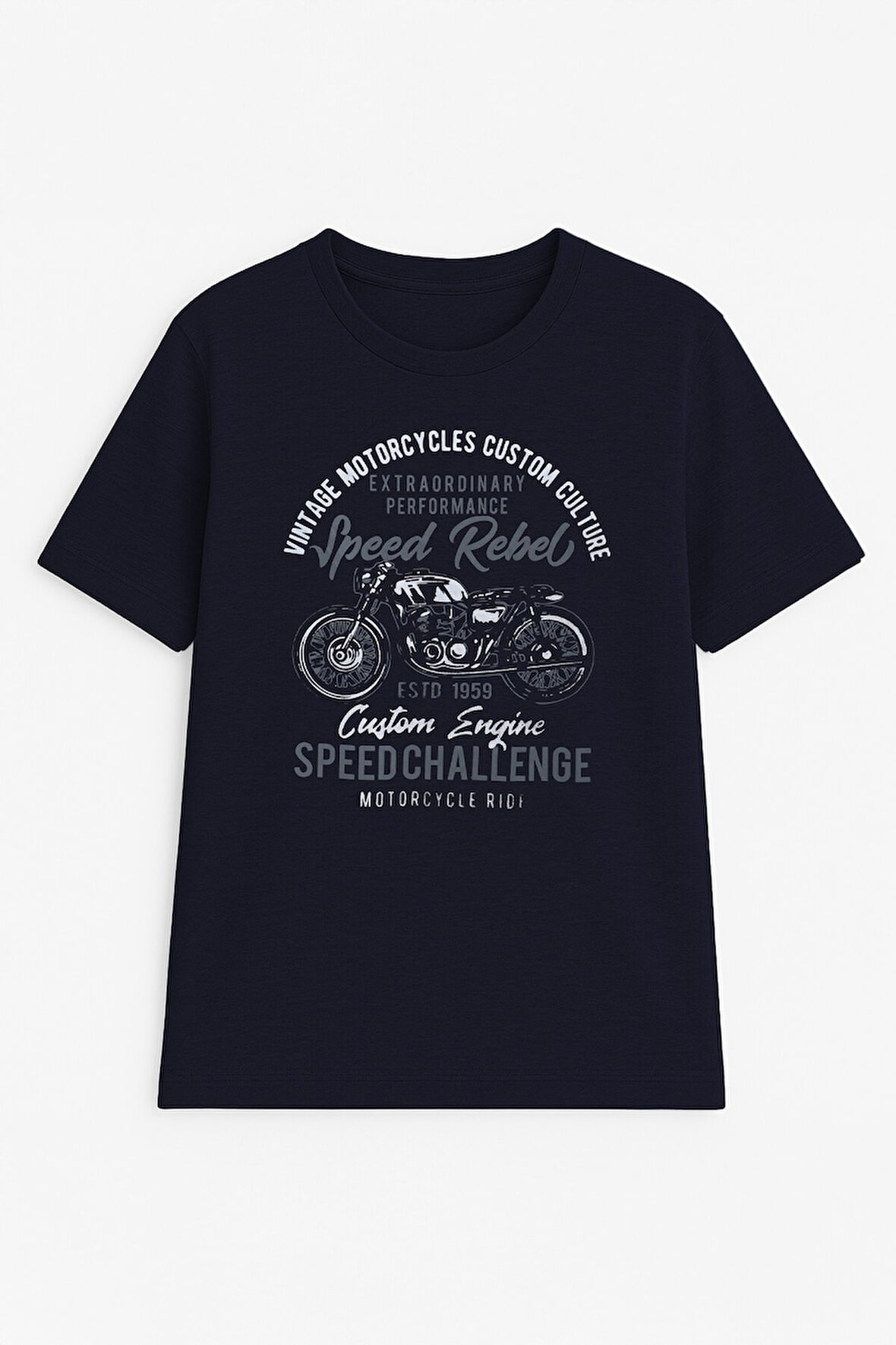 Erkek %100 Pamuk Bisiklet Yaka Motor Baskılı T-shirt