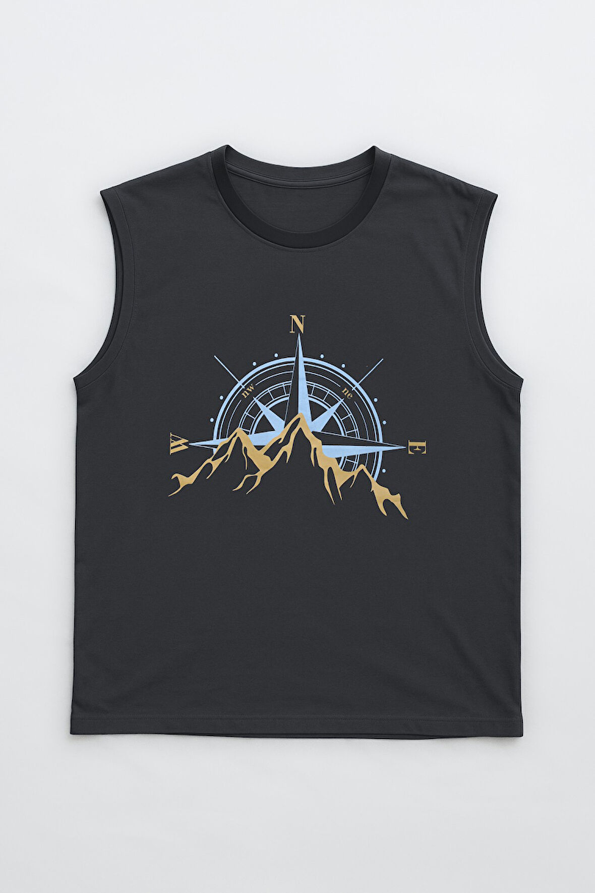 Erkek %100 Pamuk Bisiklet Yaka Pusula Baskılı Kolsuz T-shirt