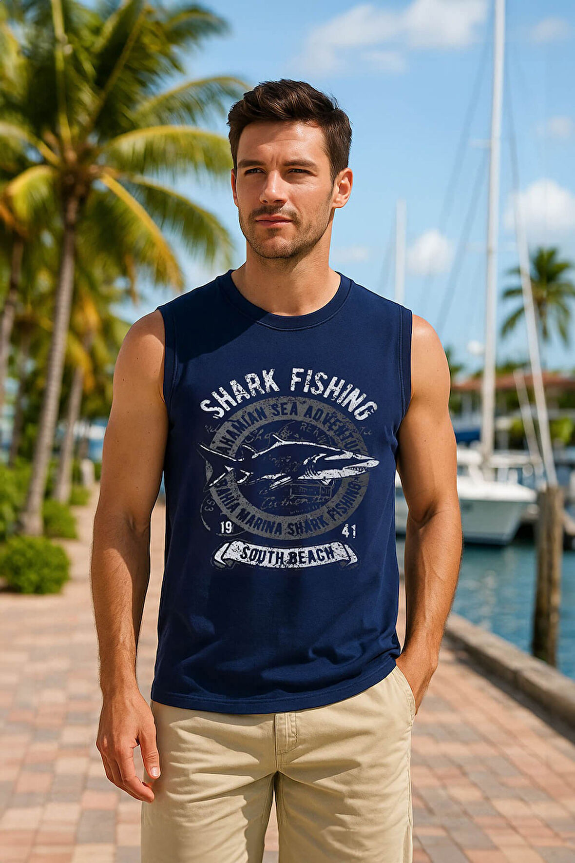 Erkek %100 Pamuk Bisiklet Yaka Shark Baskılı Kolsuz T-shirt