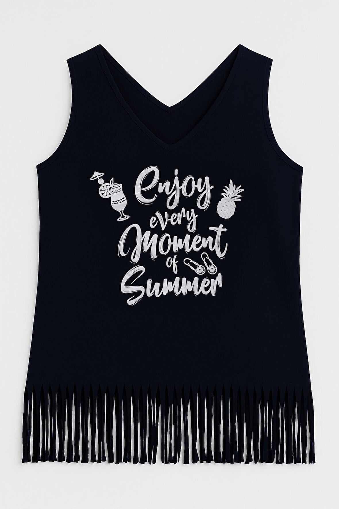 Kadın V Yaka Kolsuz Enjoy Baskılı Püsküllü İnce Esnek Plaj Elbise