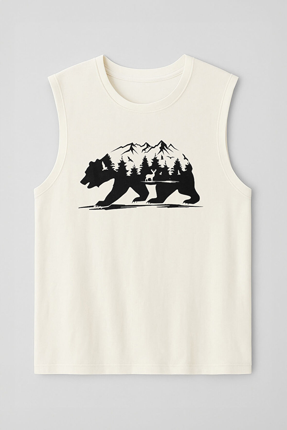 Erkek %100 Pamuk Bisiklet Yaka Bear Baskılı Kolsuz T-shirt