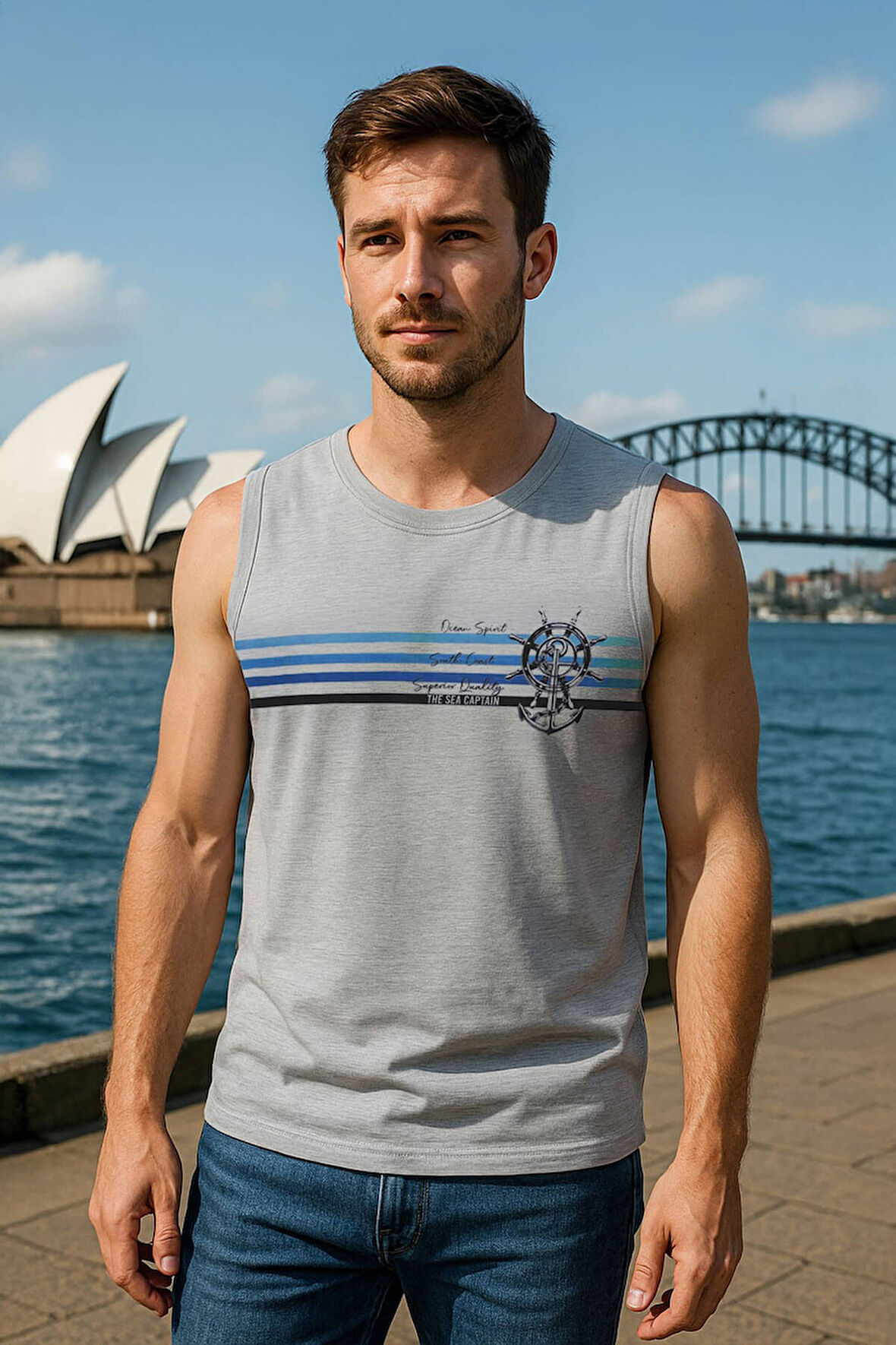 Erkek %100 Pamuk Bisiklet Yaka Çapa Baskılı Kolsuz T-shirt