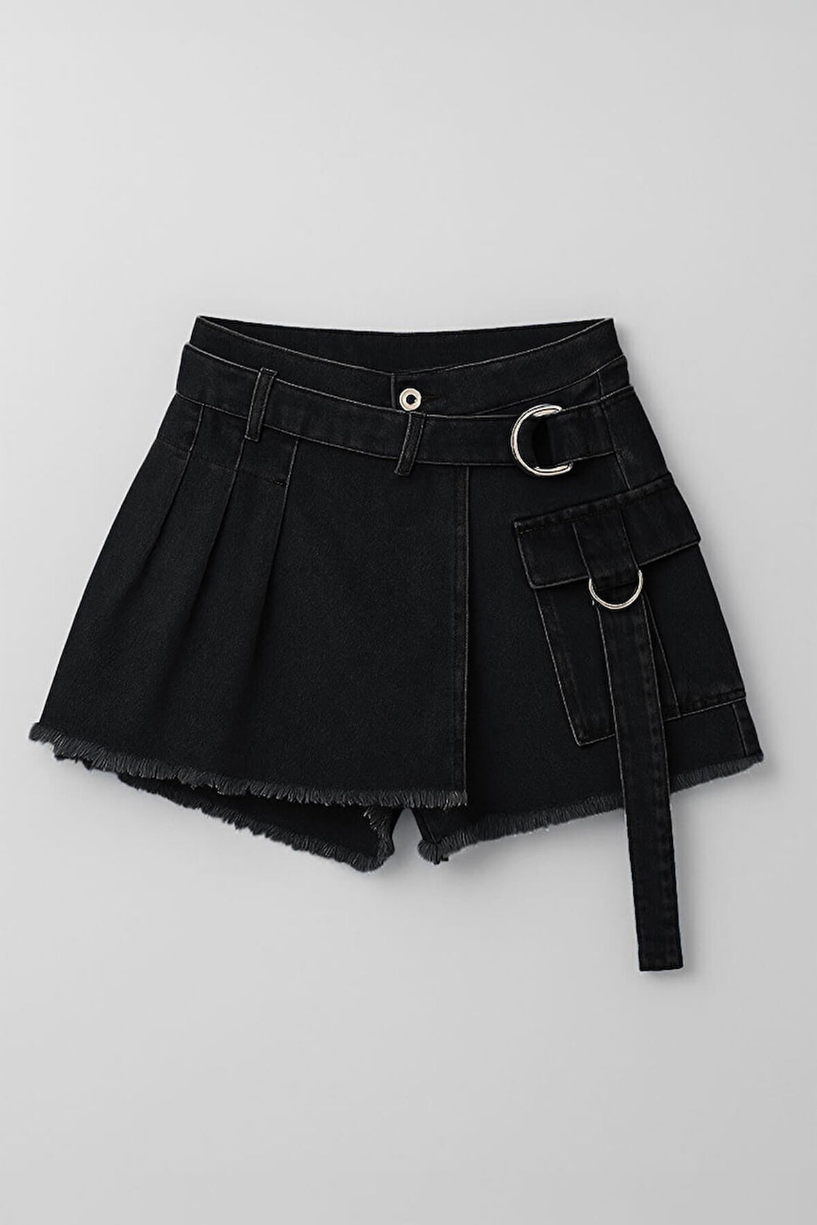 Kadın Yüksek Bel Kemerli Jean Şort Etek