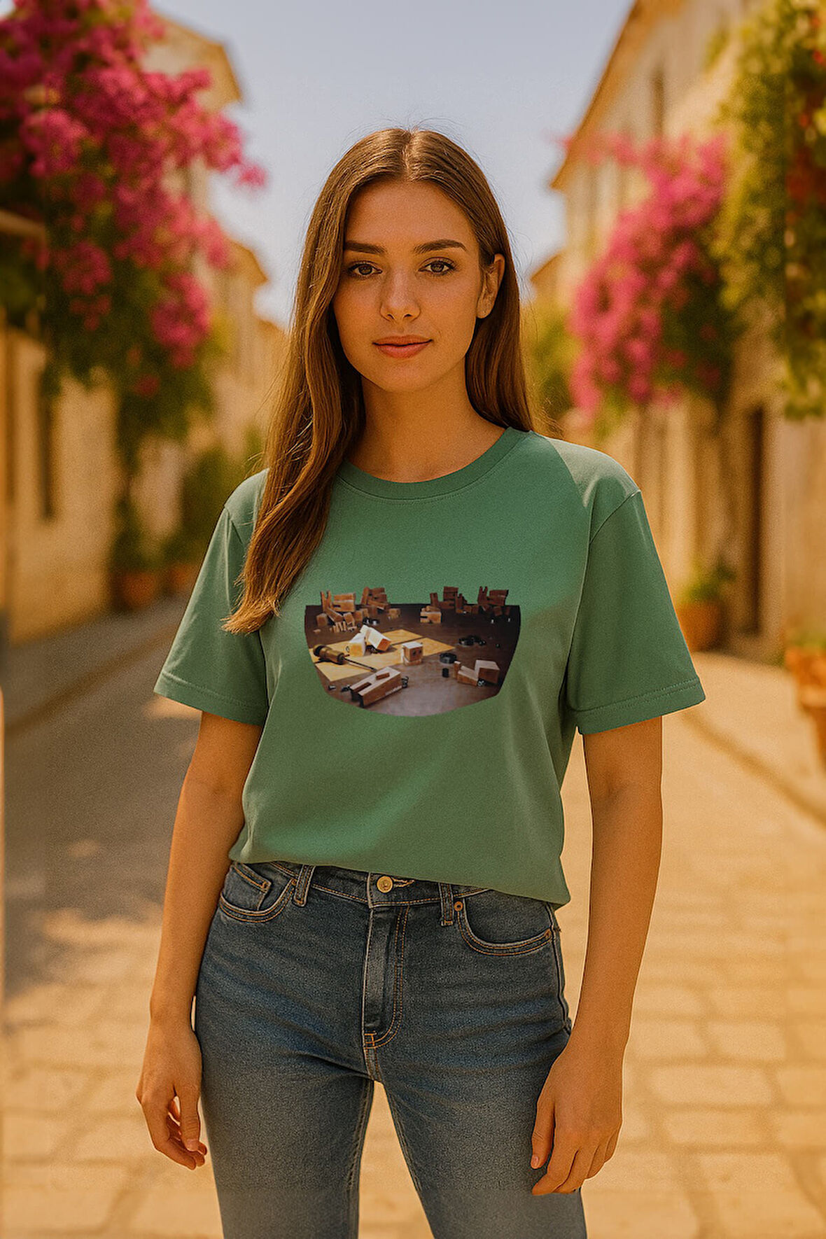 Kadın Bisiklet Yaka %100 Pamuk Blok Baskılı Kısa Kollu T-Shirt