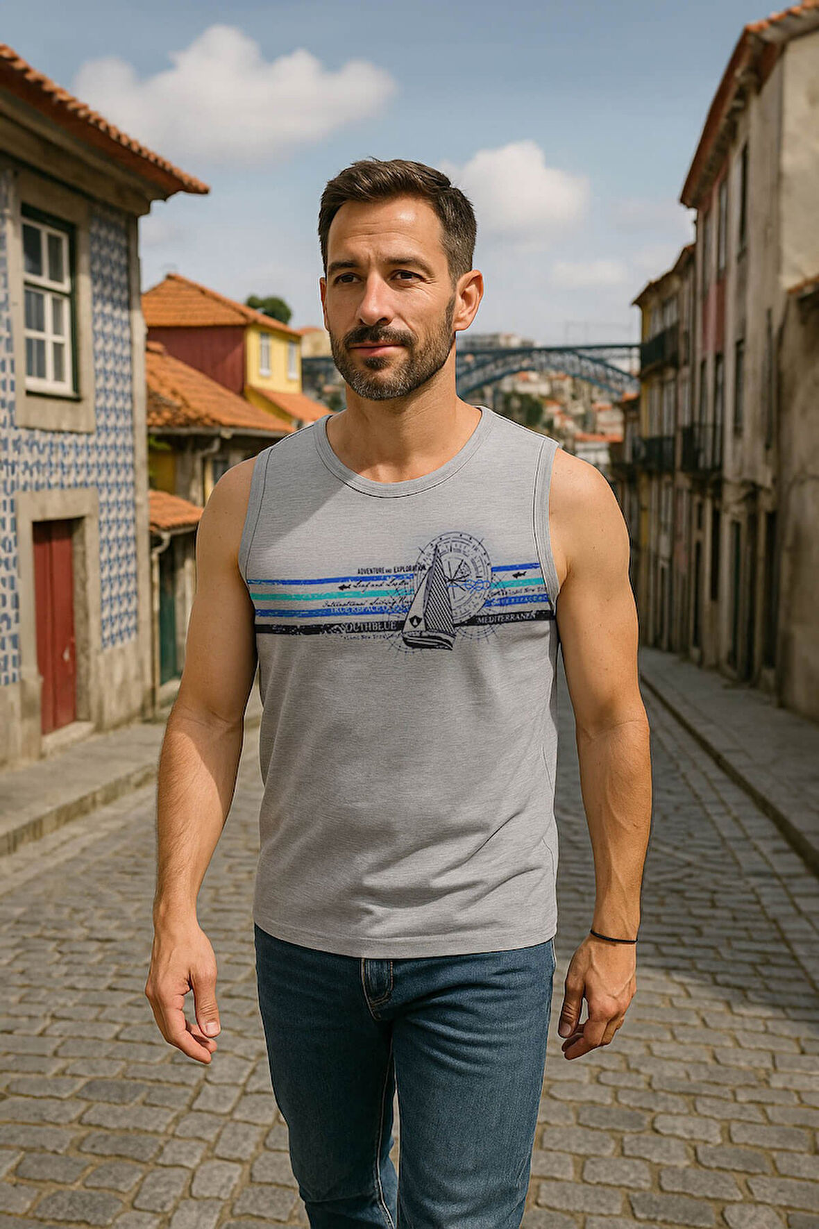 Erkek Yelkenli Baskılı %100 Pamuk Kolsuz T-shirt