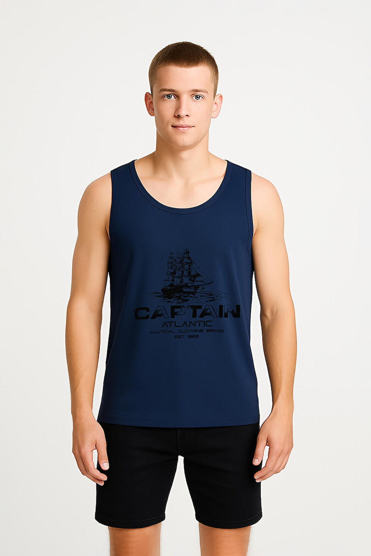 Erkek Kaptan Baskılı %100 Pamuk Kolsuz T-shirt
