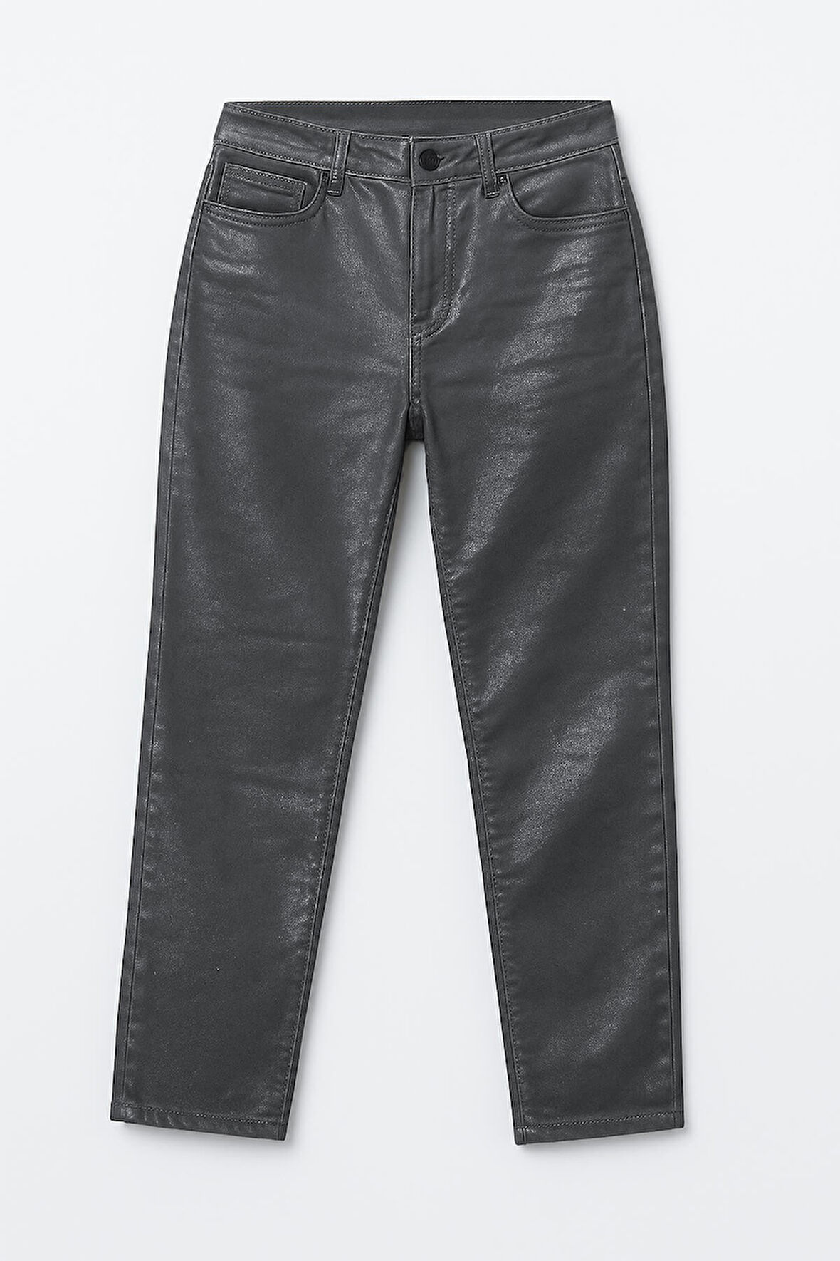 Kadın Yüksek Bel Parlak Mum Kumaş Wide Leg Jean Pantolon