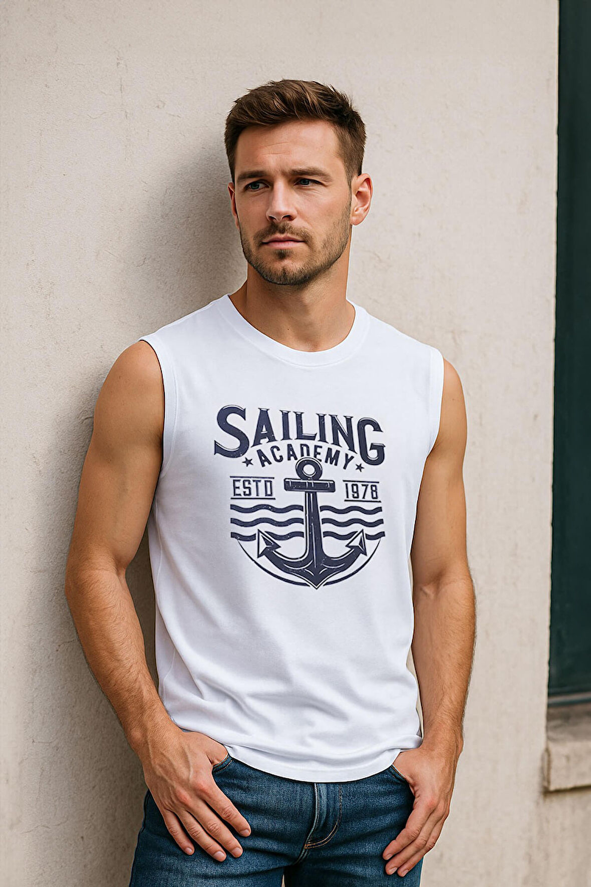 Erkek Bisiklet Yaka Baskılı Beyaz Kolsuz T-shirt
