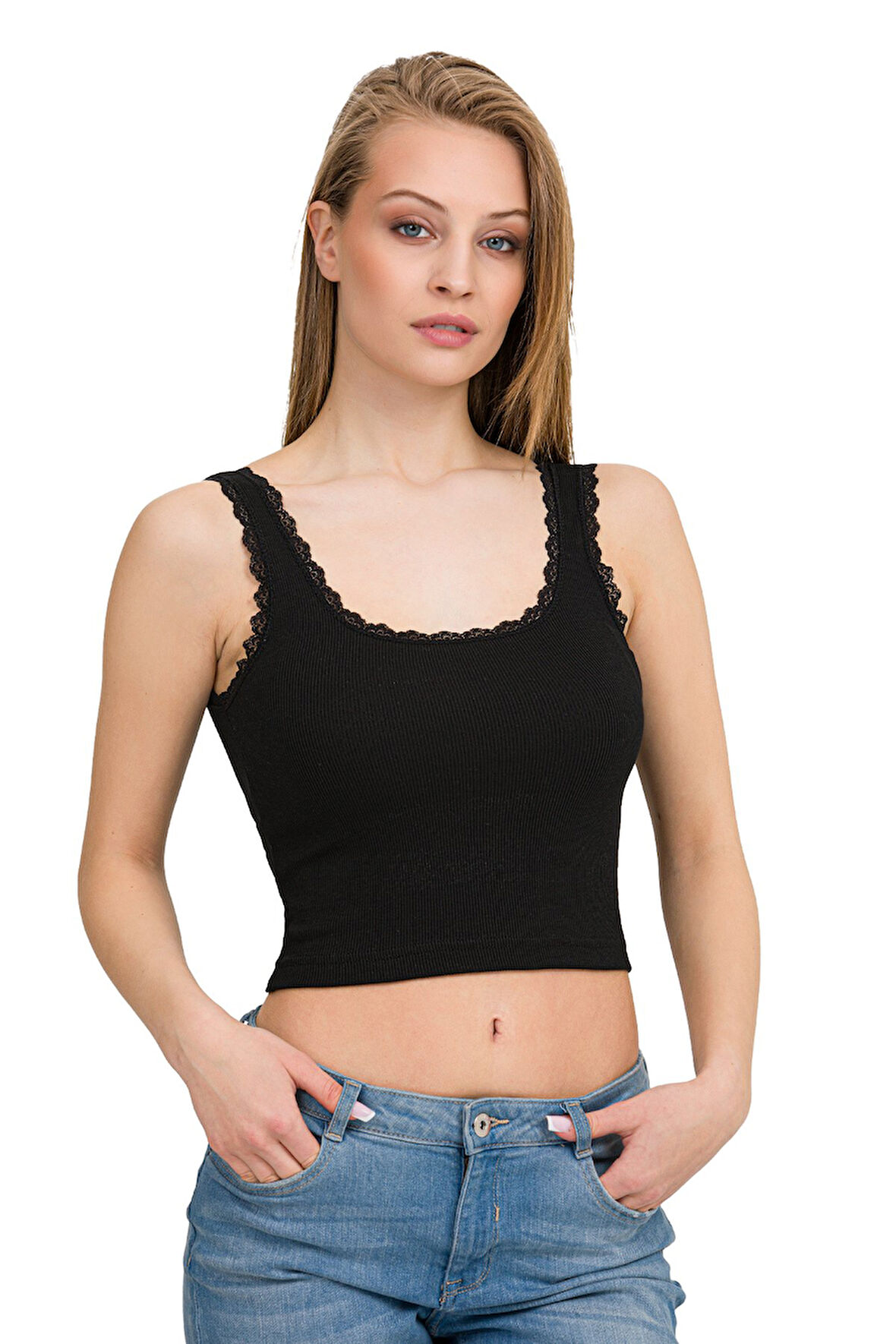 Kadın Elastan Kaşkorse Dantelli Crop