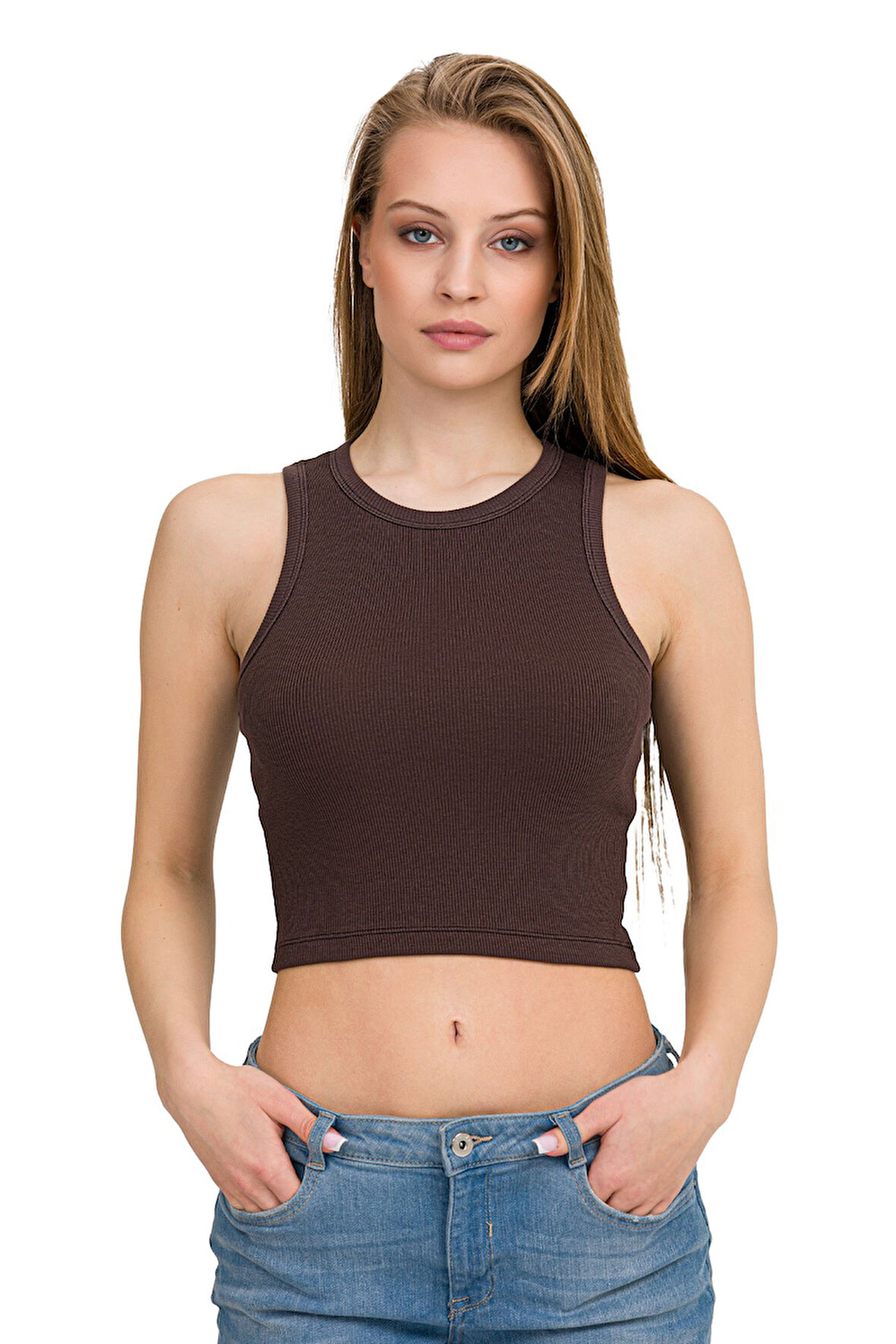 Kadın Halter Yaka Elastan Kaşkorse Crop