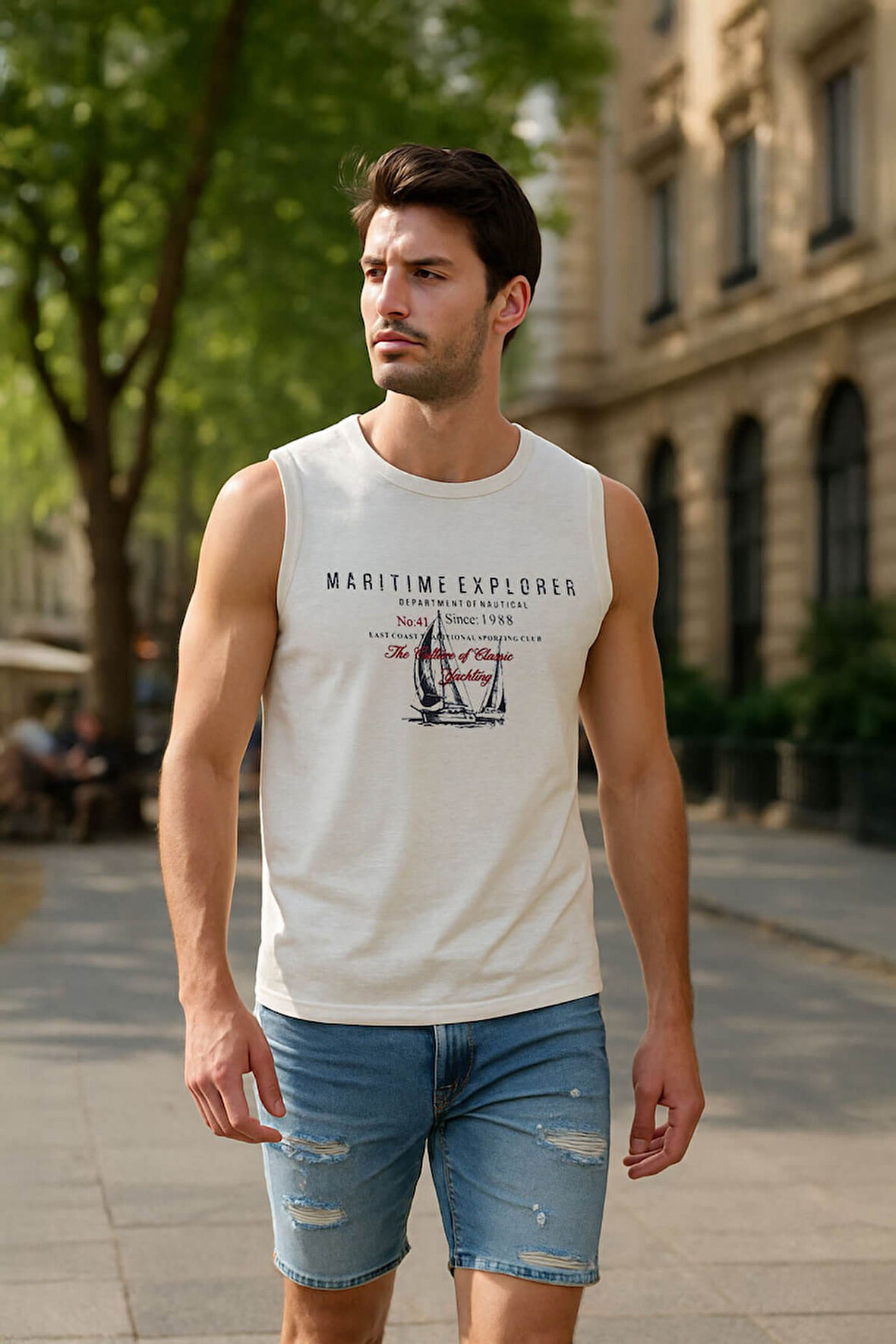 Erkek Bisiklet Yaka Baskılı Açık Mavi Kolsuz T-shirt