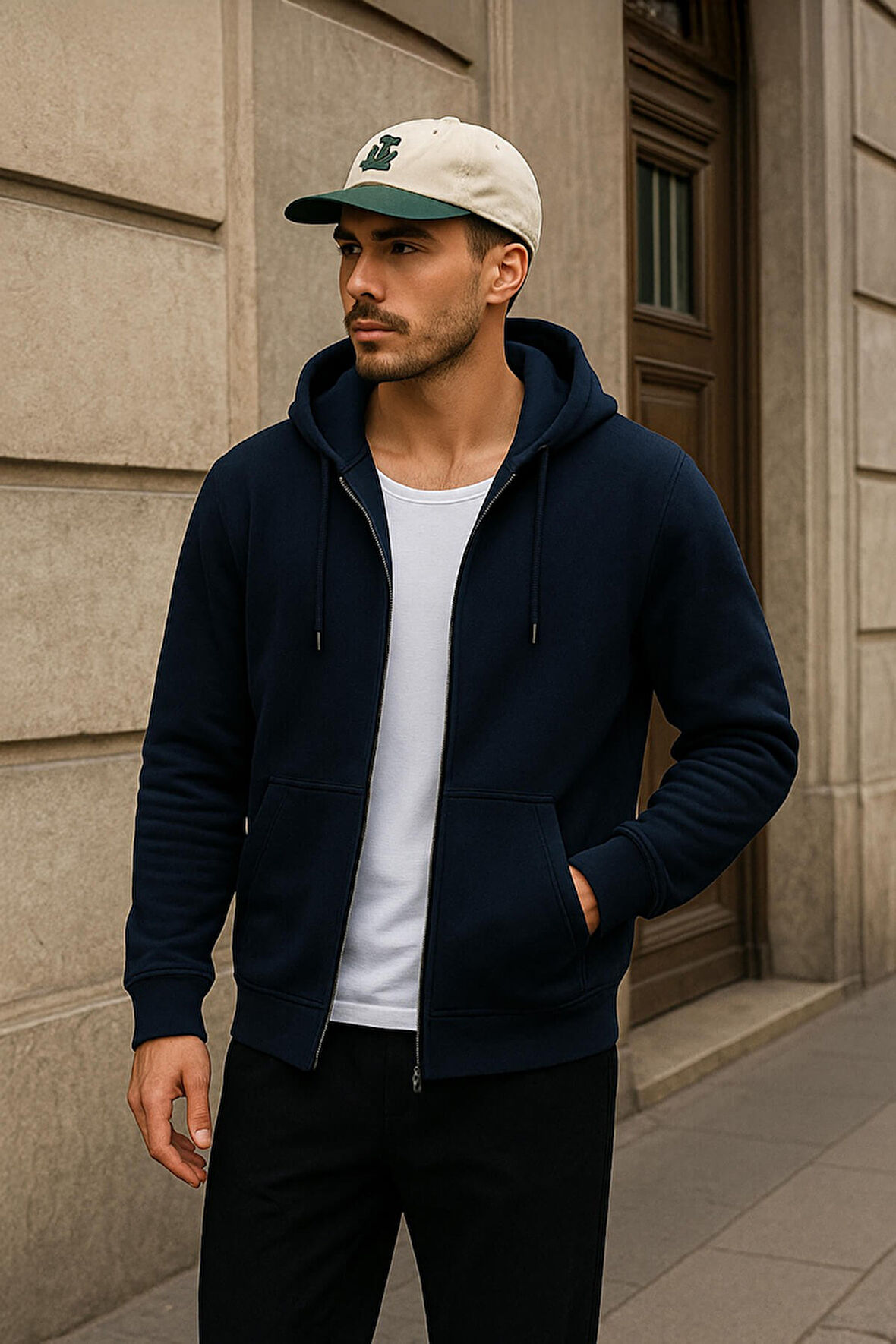 Erkek Fermuarlı Kapüşonlu Cepli İçi Polarlı Sweatshirt